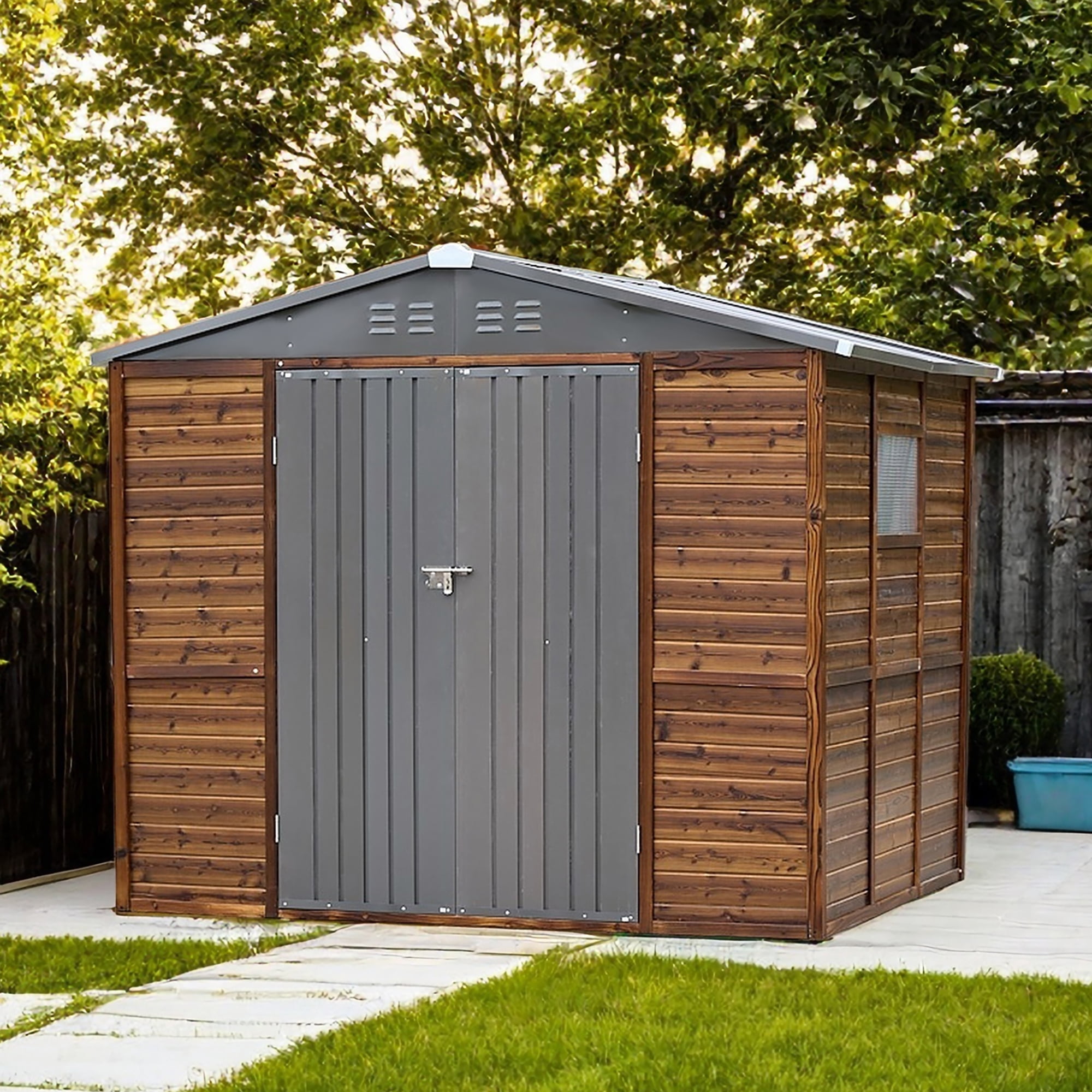 FFZ Iron-Wood Outdoor Tool Shed, Weatherproof Storage House for Garden and Garage (Dark Gray, 87.2x71.46x77.95 in) oe0uf