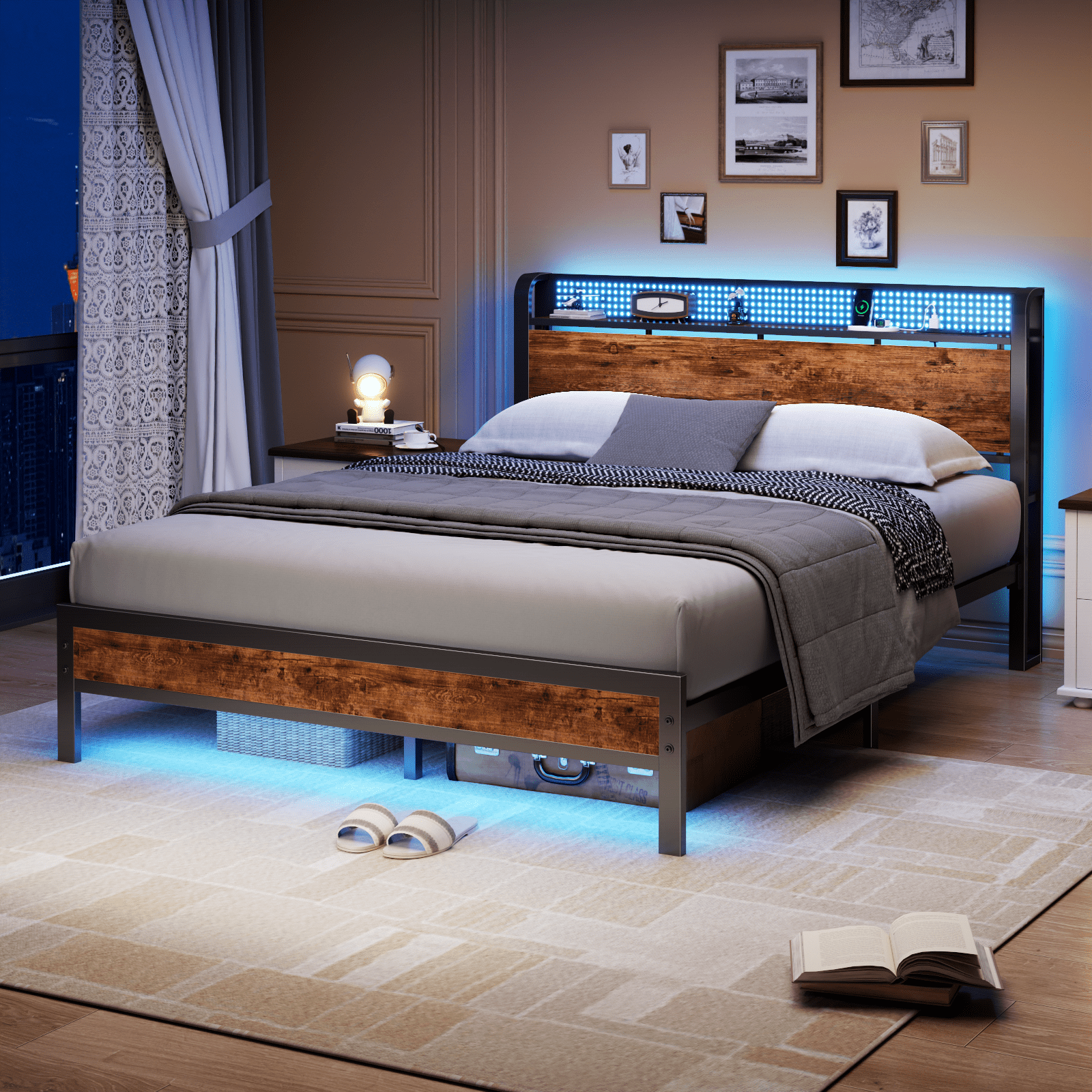 Satifur LED Platform Bed Frame with Storage Headboard and Charging Station (Rustic Brown, Queen) yyjtq - Image 3