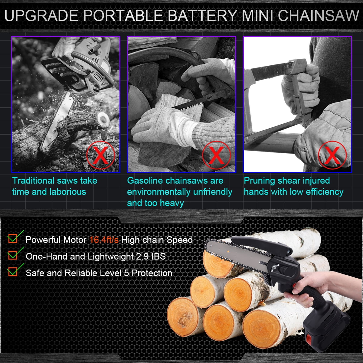 HDJ 6 inch Cordless Mini Chainsaw with 2 Batteries (Black, 6 in) g17ks