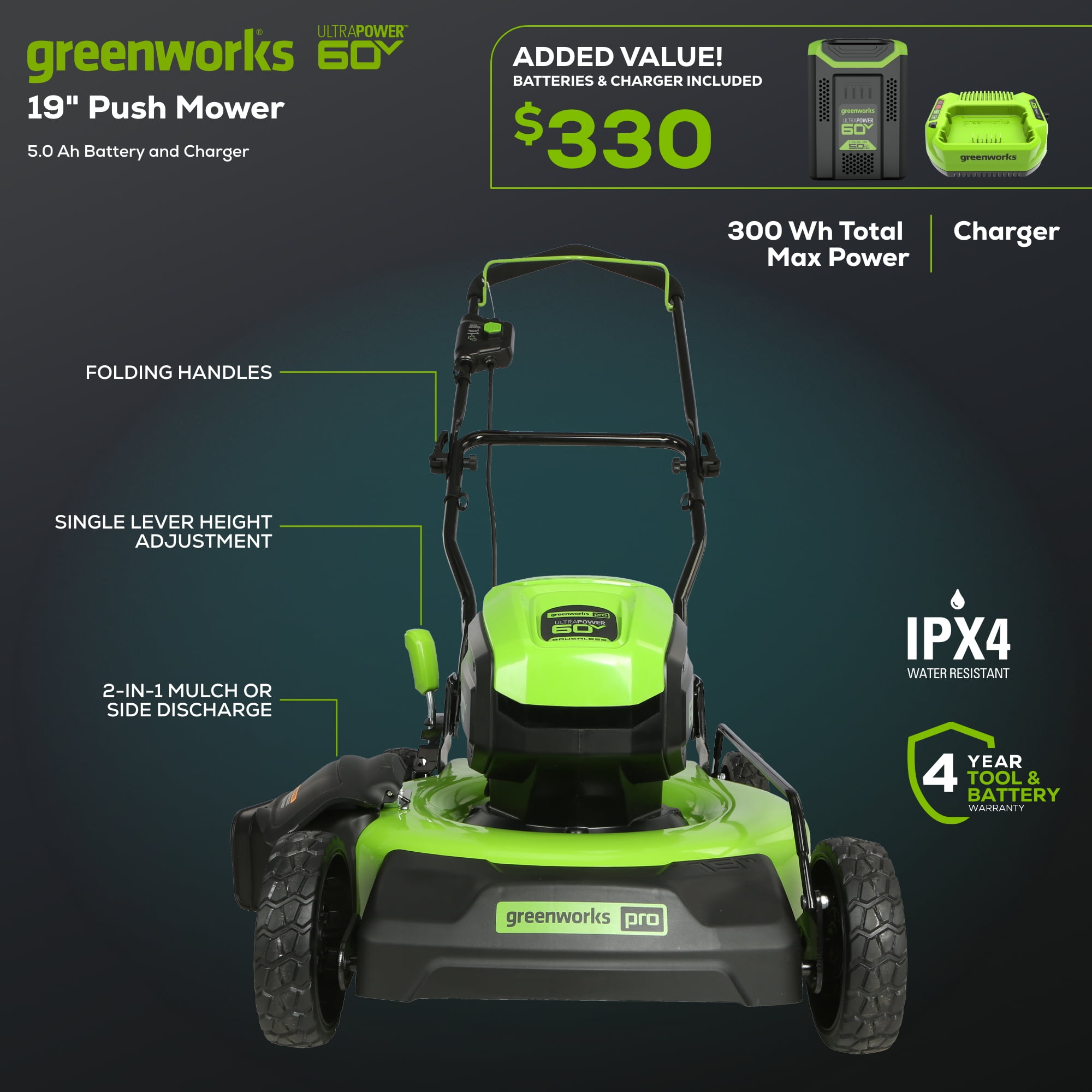 Greenworks 60V 19 in Cordless Battery Push Lawn Mower with 5.0Ah Battery and Charger (Green, 19 in) 1kmbd