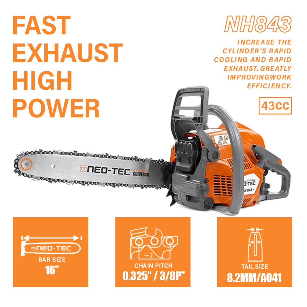 NEOTEC 43cc 2-Cycle Gas Powered Chainsaw, Lightweight Wood Cutting Tool for Garden and Yard Maintenance (Orange, 16 in) z2xbo