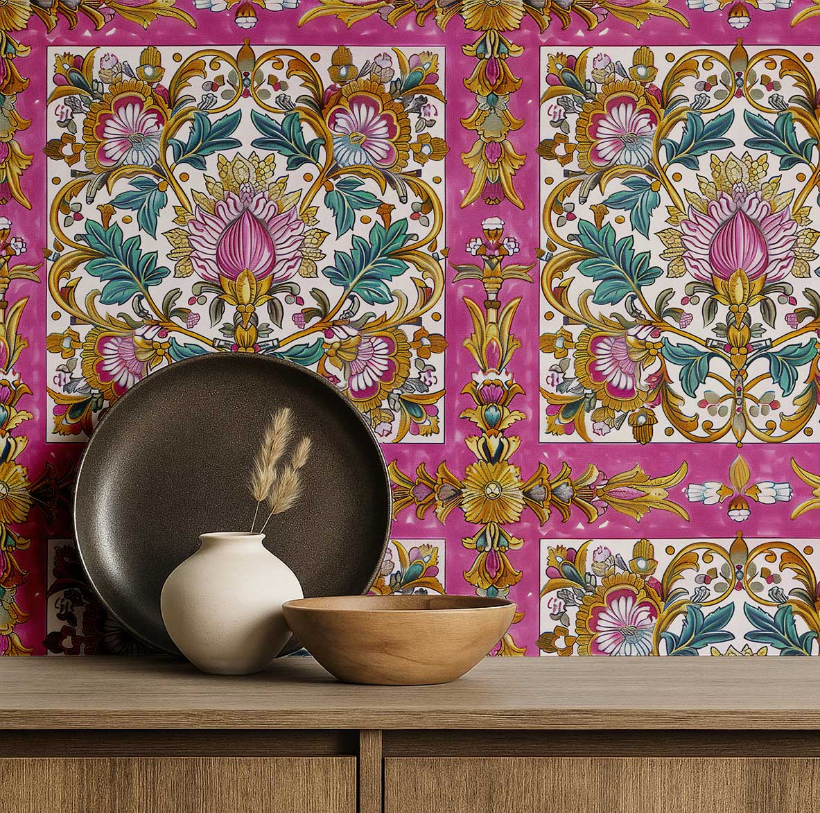 S4Sassy Peel and Stick Wallpaper, Arabesque Tile Pattern Removable Vinyl Wall Covering for Kitchen and Entryway (Pink, 25 in x 120 in) invk4