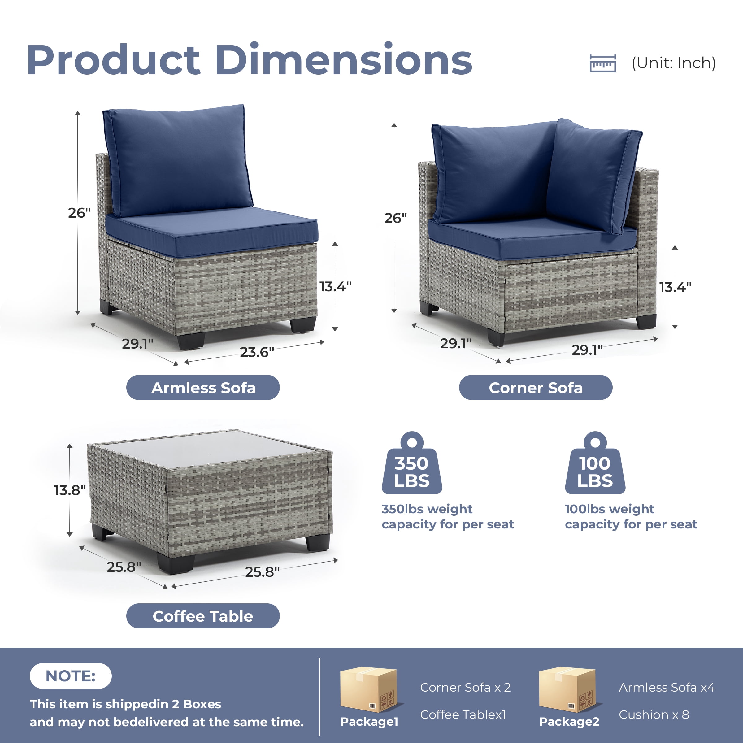 Ebello 7-Piece Modular Outdoor Patio Sectional Sofa Set with Glass Coffee Table (Navy Blue, 7-Piece) 69jwu