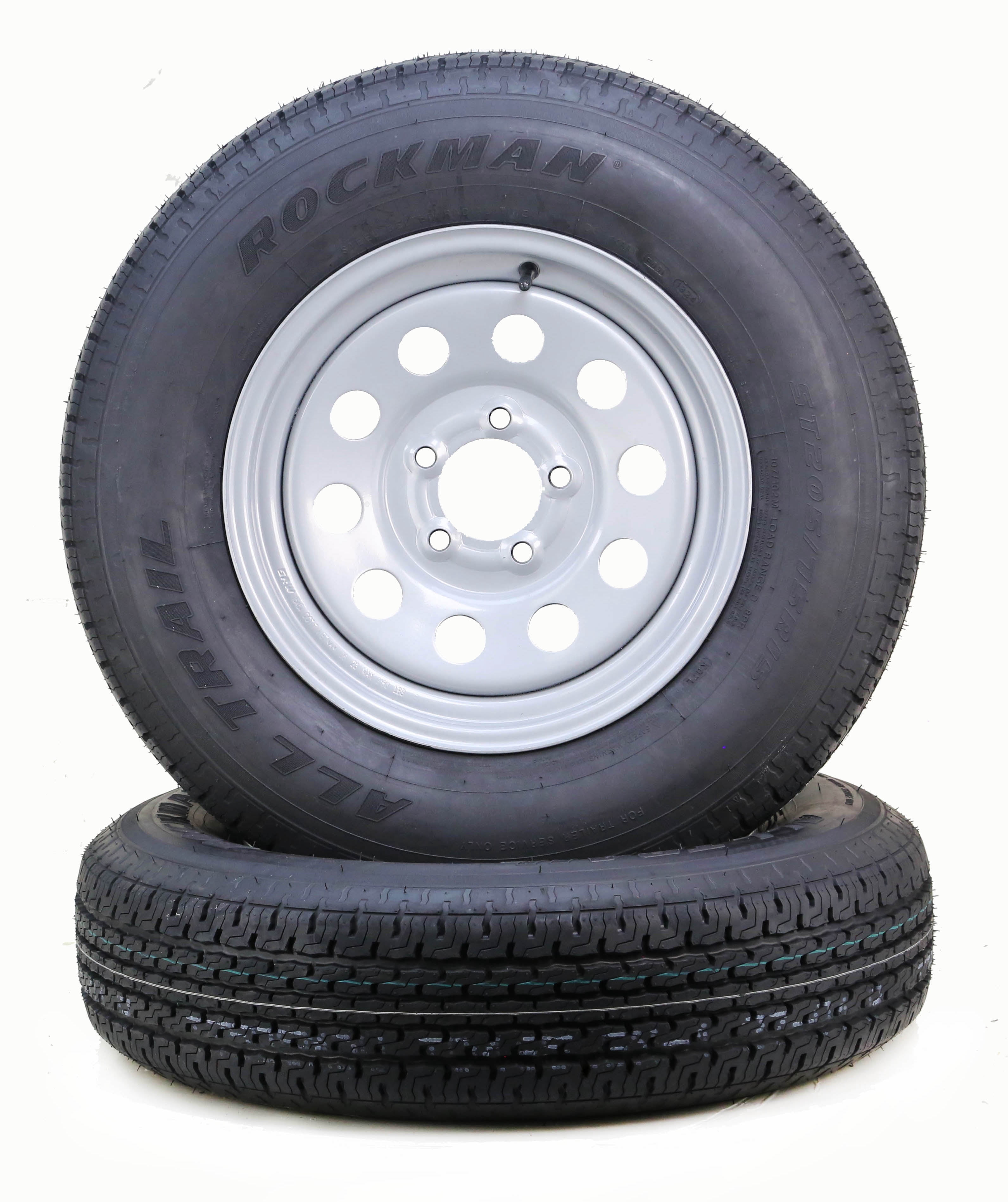 ROCKMAN Trailer Tire and Wheel Assembly (ST205/75R15, 8-Ply, 5 Lug on 5 in PCD, Silver, Set of 2) 7xiw3