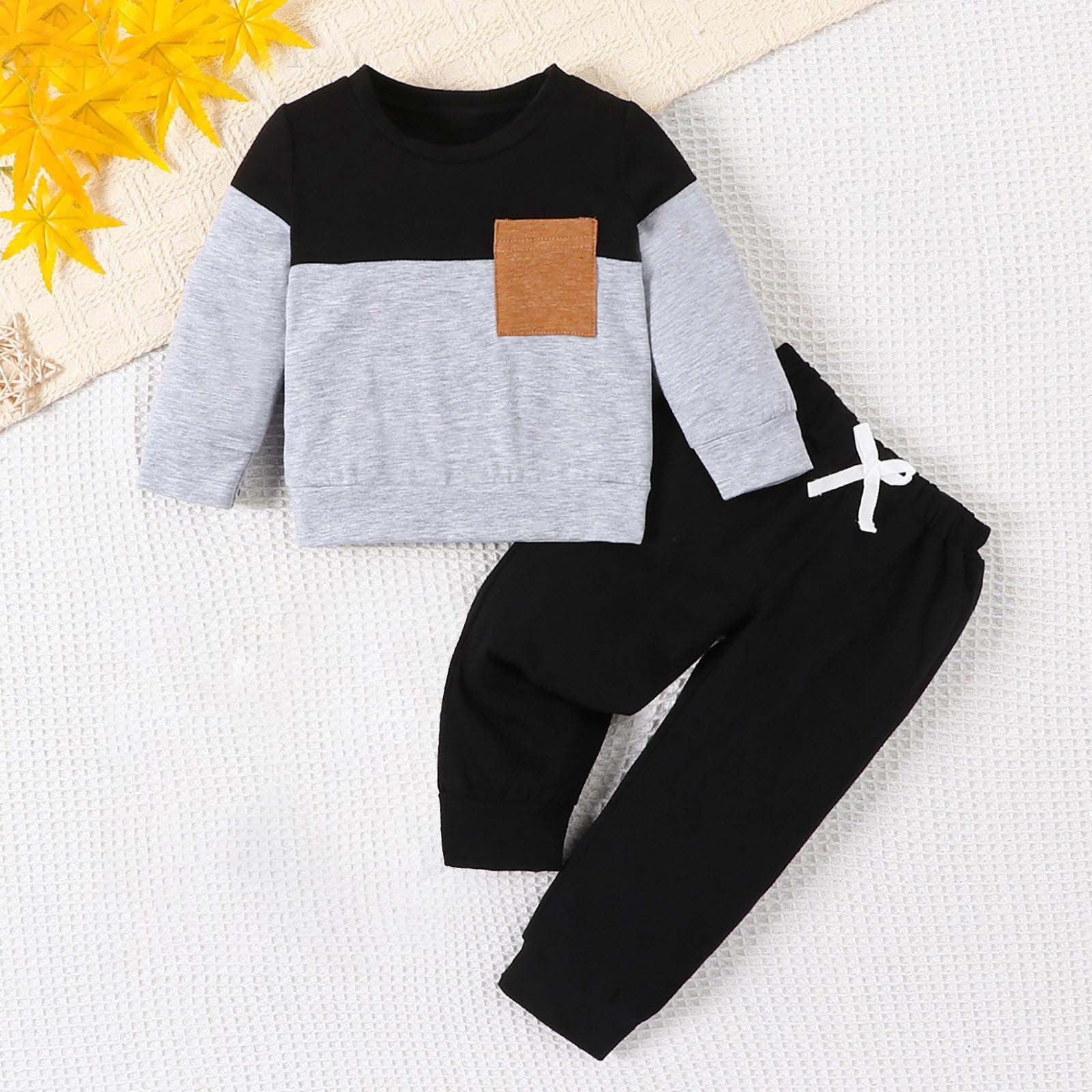 BLVB Toddler Baby Boy Fall Winter Outfit Set Long Sleeve Pullover Sweatshirt and Joggers (Black, 12-18 Months) 7gmng