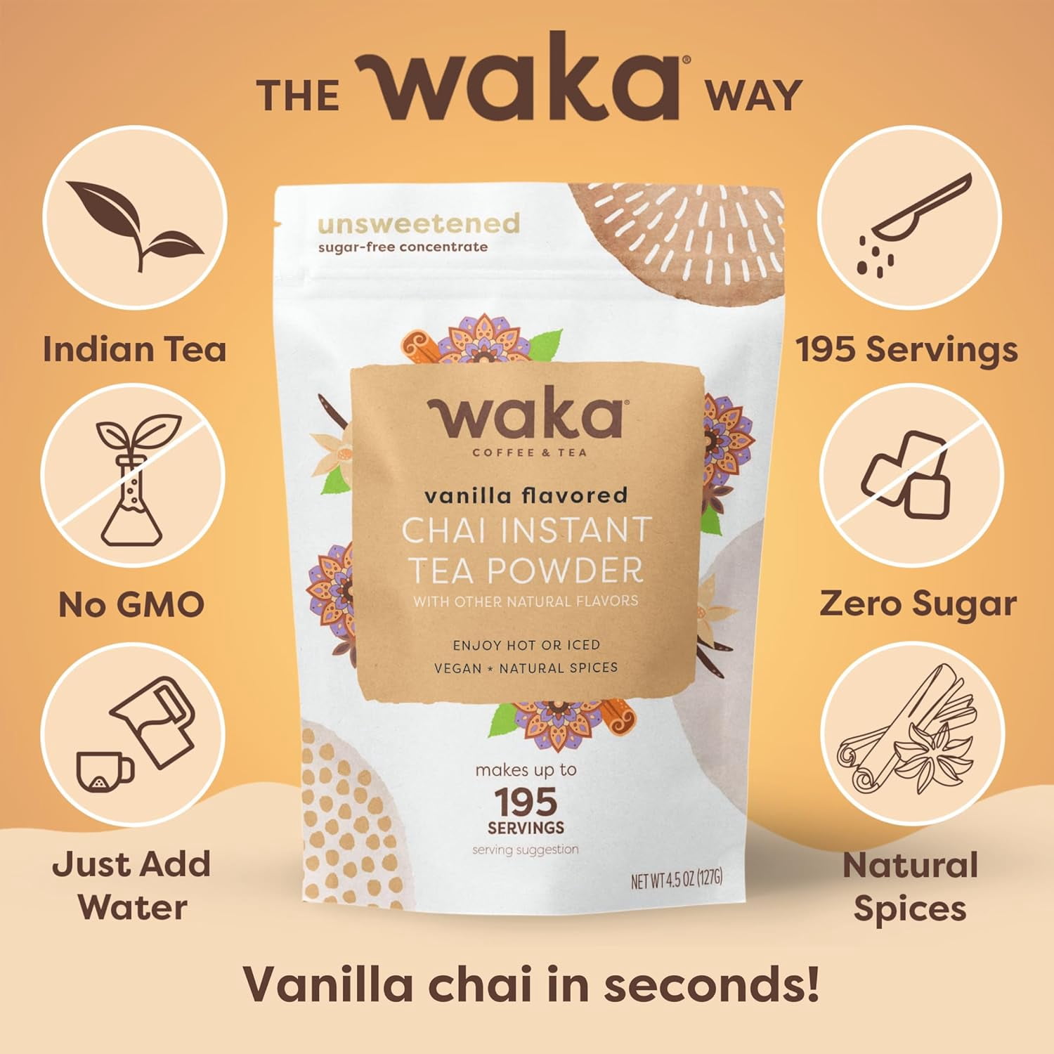 Waka Coffee & Tea Vanilla Chai Tea Mix, Instant Unsweetened Powder with Natural Spices (4.5 oz) hl7ye