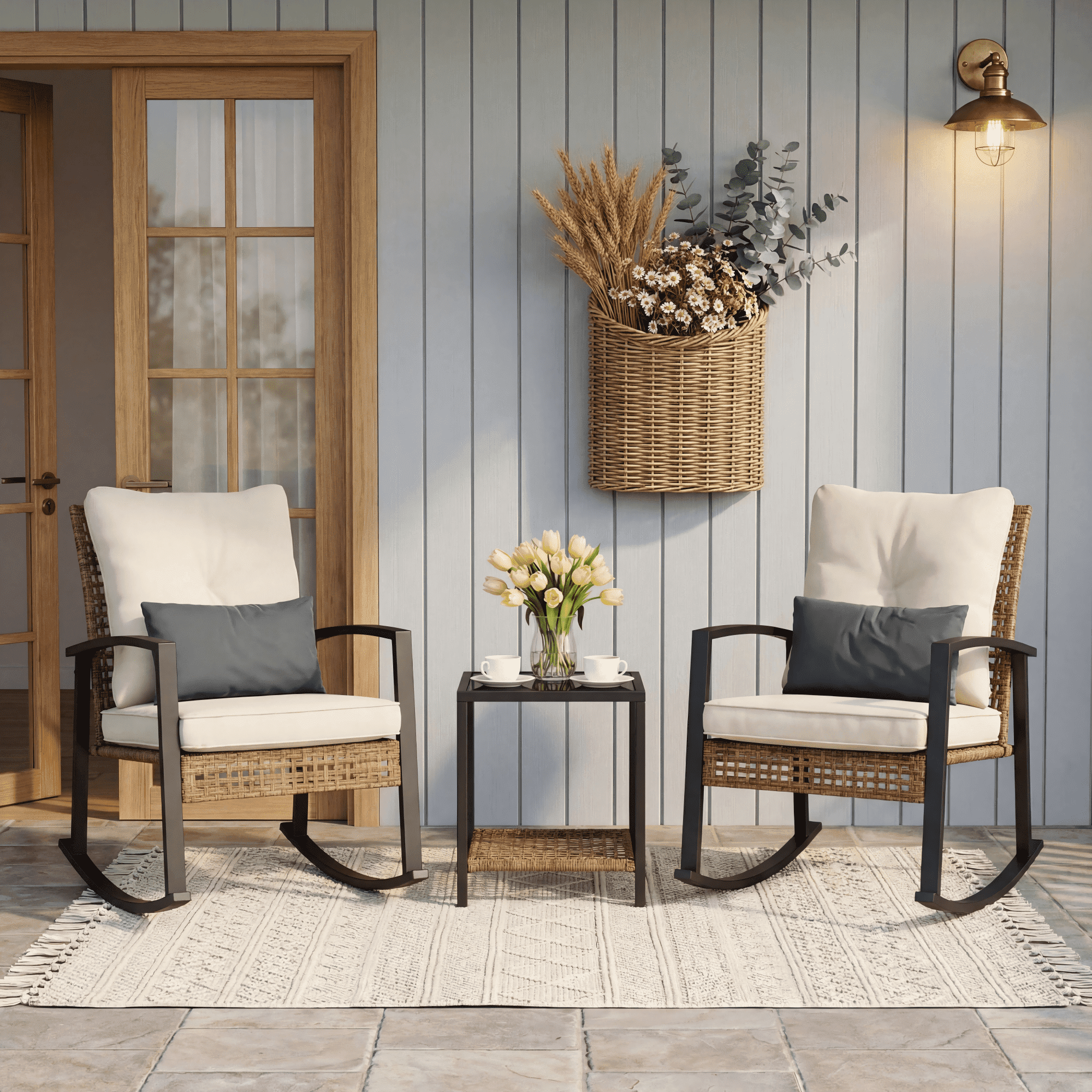 LAZZO 3-Piece Patio Conversation Set, PE Wicker Rocking Chairs with Lumbar Pillows and Tempered Glass Coffee Table (Beige, 3-Piece Set) 8kot2