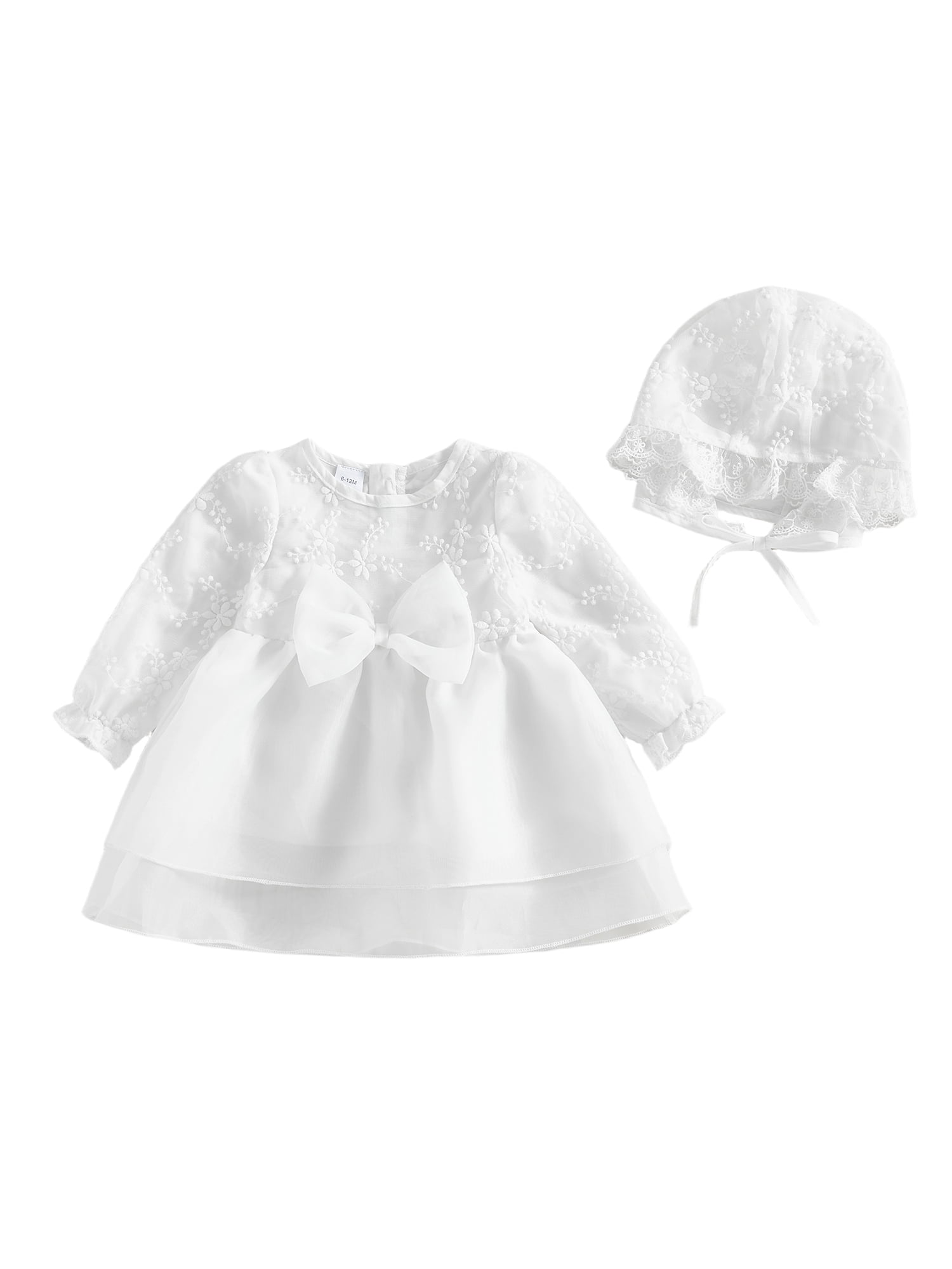 BemeyourBBs Newborn Baby Girls Tulle Tutu Dress with Hat, Floral Embroidery Long Sleeve Christening Outfit (White, 0-6 Months) eqz3w
