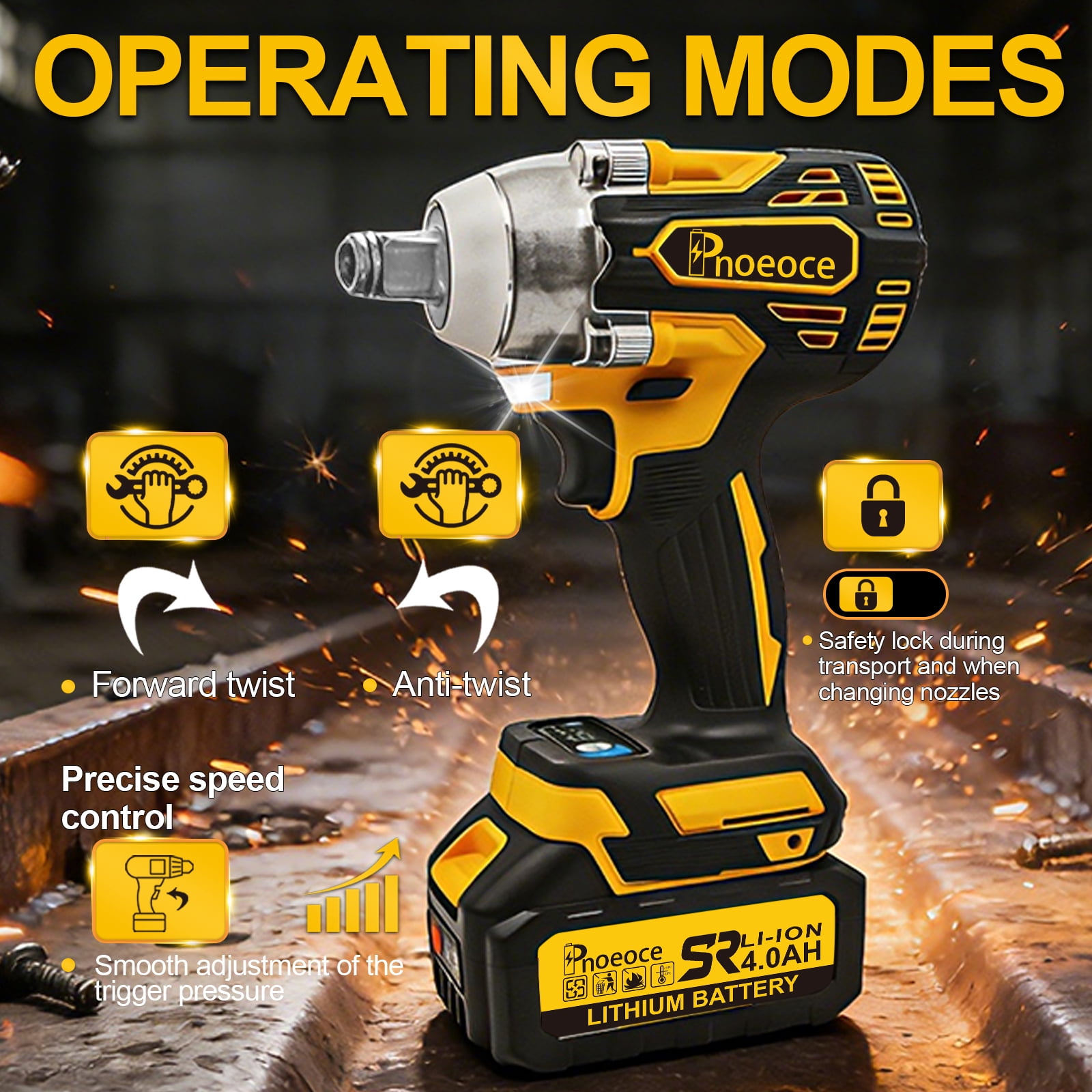 Pnoeoce Brushless Cordless Impact Wrench, 1/2 in High Torque Power Tool, Variable Speed with 2 Batteries (Yellow, 2-Pack) jyi9f