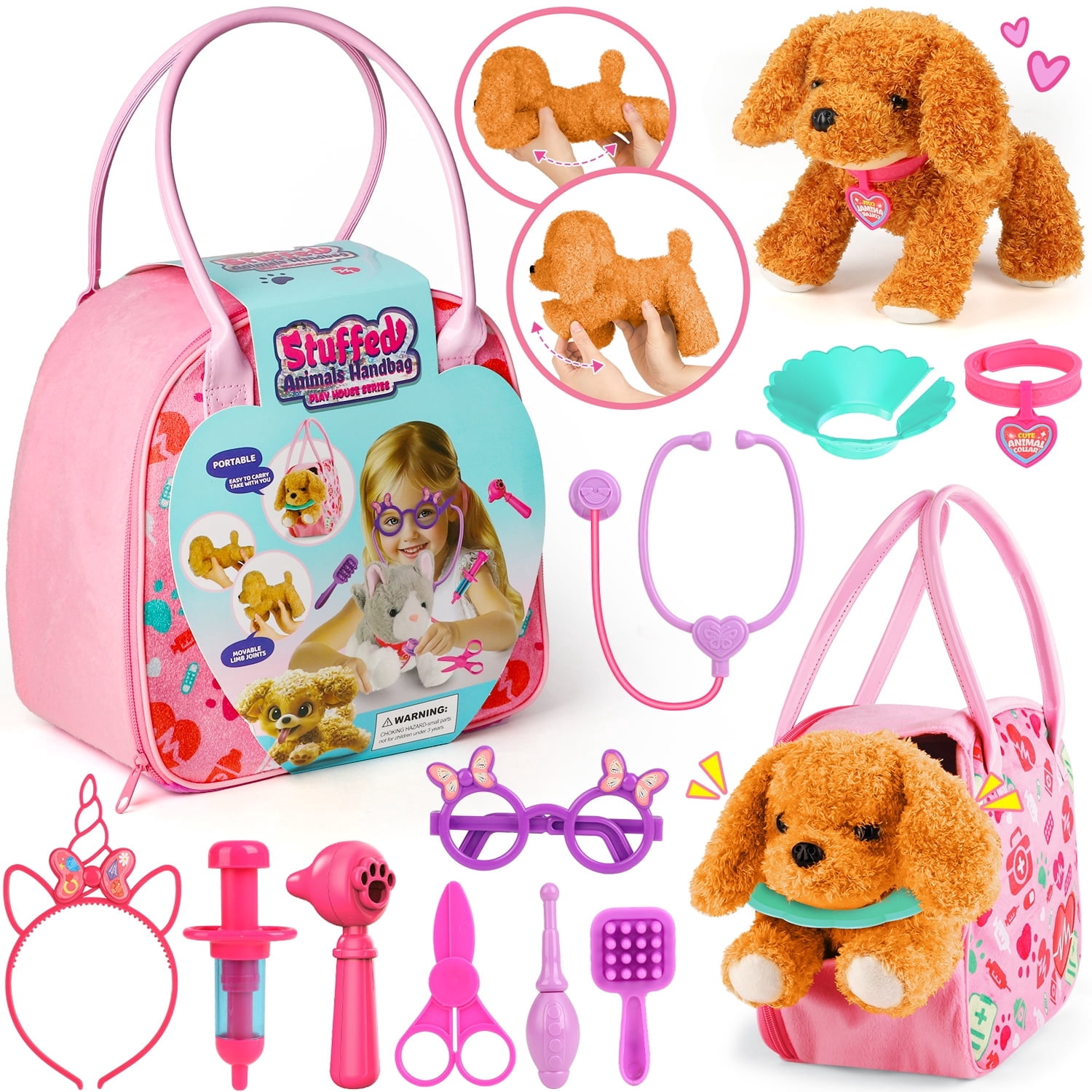 UQN Veterinarian Playset for Kids, Interactive Plush Dog Toy with Medical Tools and Pet Handbag (Pink, 12 Piece Set) 406cj