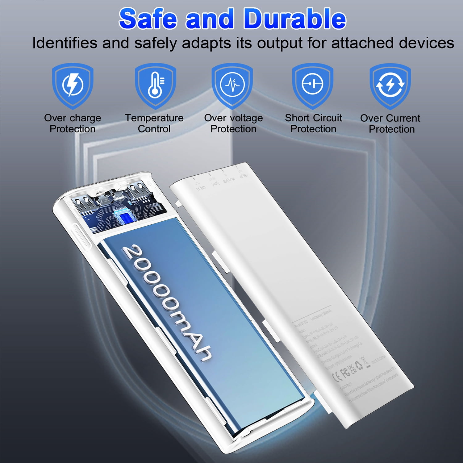 Btootos 20000mAh Portable Charger, 22.5W Fast Charging Power Bank with LED Display and USB-C Output (White, 7x3x1 in) k11dl