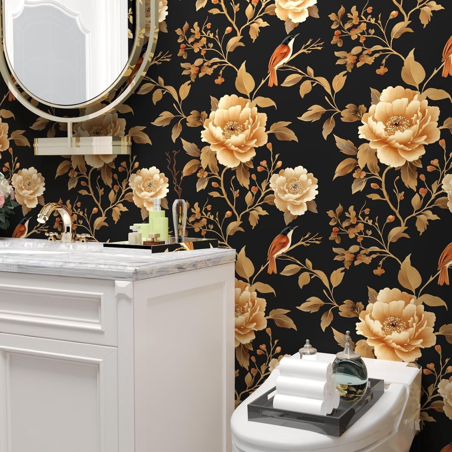 Usachibb Vintage Floral Bird Wallpaper Peel and Stick Boho Wall Mural (Black/Gold, 17.5 in x 118 in) av4xl