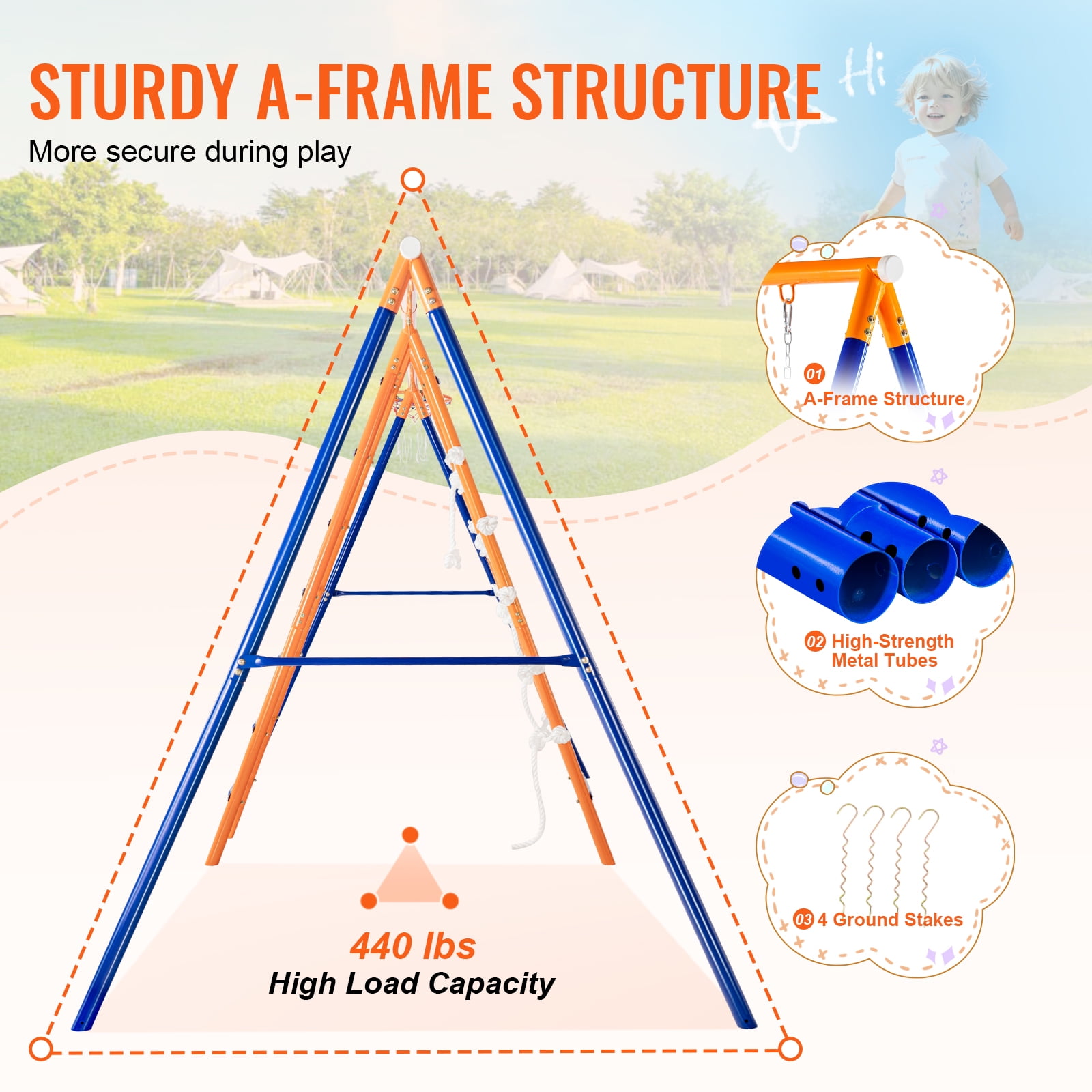 KFFKFF Outdoor Swing Set, 6-in-1 Playground Combo with Dual Swings, Trapeze, Ladder, Net, and Basketball Hoop (Orange, 440 lb) cwxiu