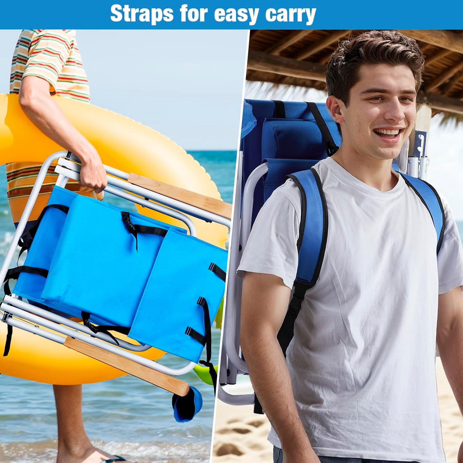 Generic Portable Folding Beach Chair with Adjustable Headrest and Cup Holder (Blue, 30 in x 23 in x 25 in) yyqbv