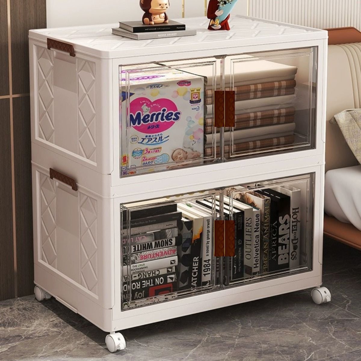 Jiarui 3 Tier Stackable Storage Bins with Lids, Collapsible Drawer Closet Organizer with Wheels (White, 32.3 in Height) jp3md
