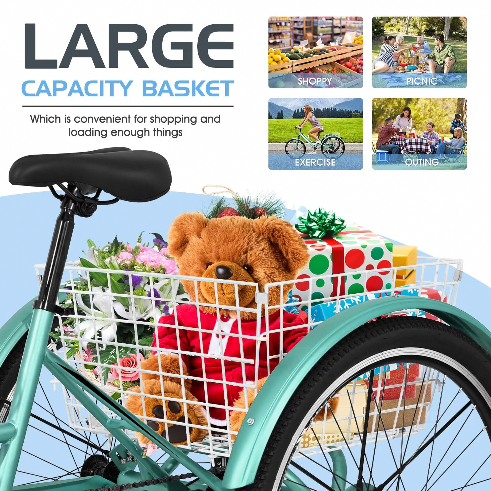 MOPHOTO Adult Mountain Tricycle 7-Speed Heavy Duty 3-Wheeled Bike with Large Storage Basket (26 in) 3qlsg