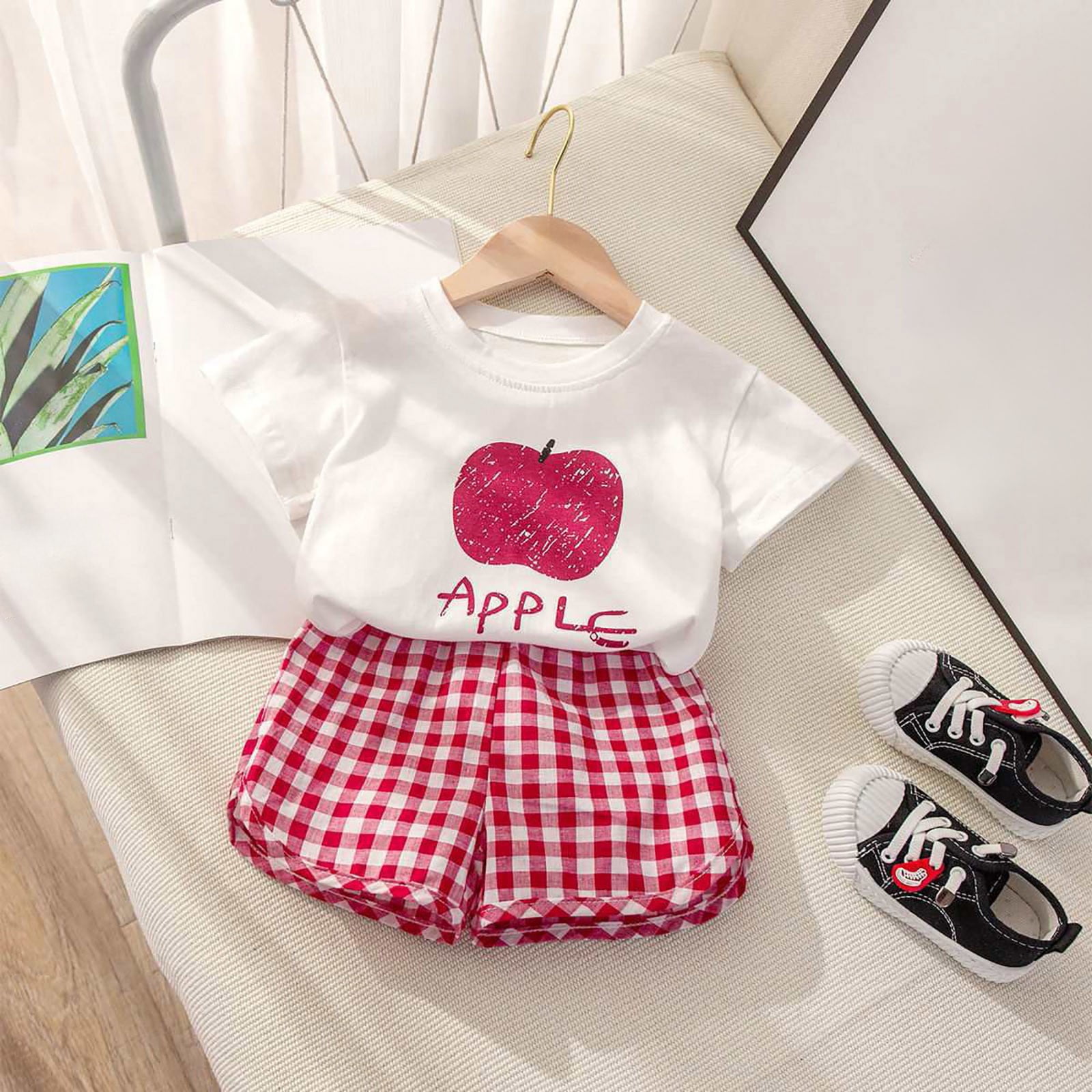 Staki Toddler Girls Summer Outfit Set Sunflower Fly Sleeve T-Shirt and Denim Shorts (Red, 6-7 Years) z0dh9
