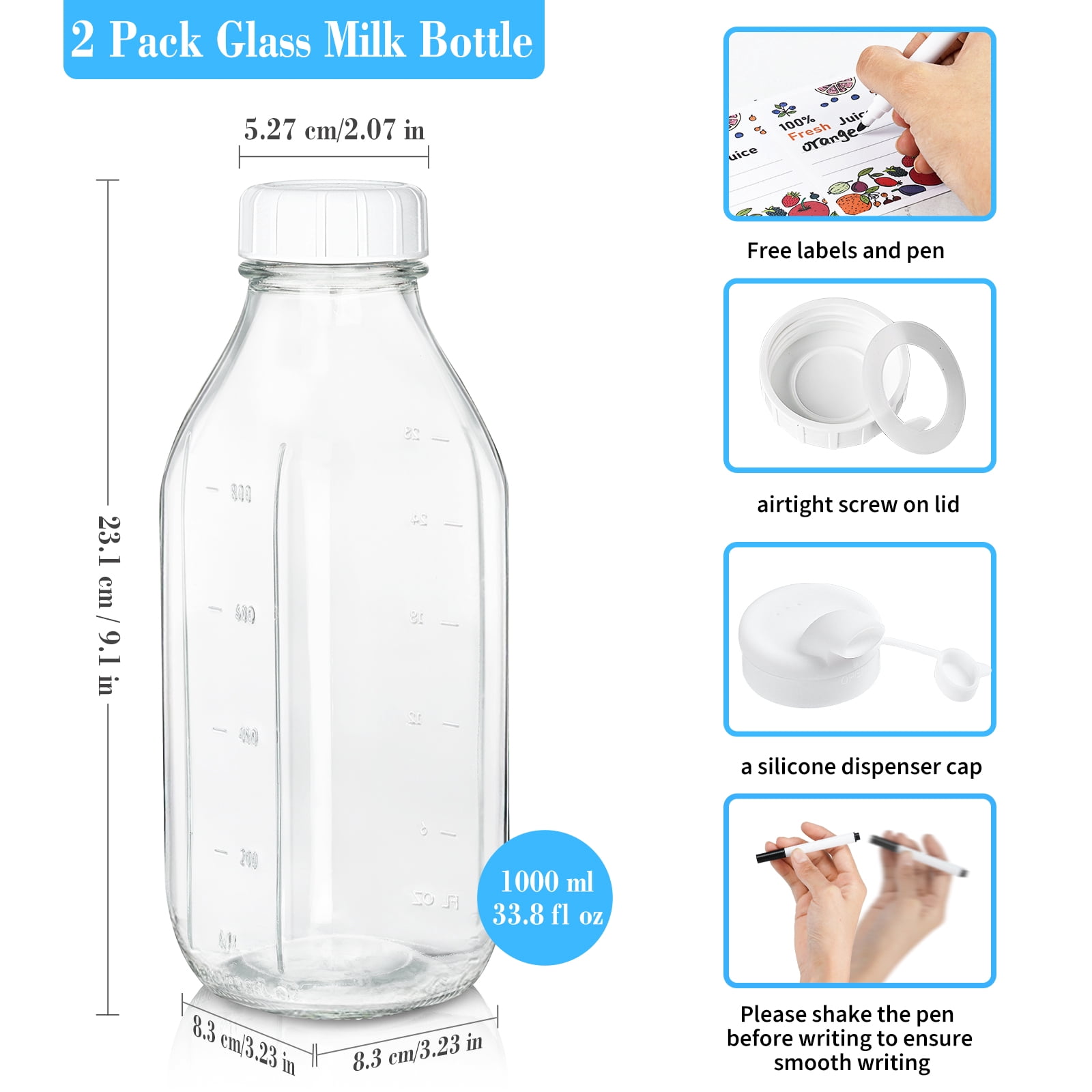 Syntic Reusable Glass Milk Pitcher with Dispenser Caps and Airtight Screw Lids (Clear, 32 oz, 2 Pack) 35oqr