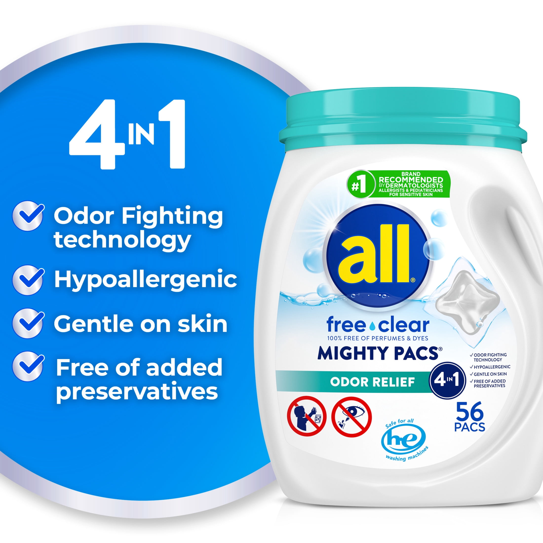 all Free Clear Mighty Pacs Odor Relief Laundry Detergent (Clear, 56 Count) 7yyq4