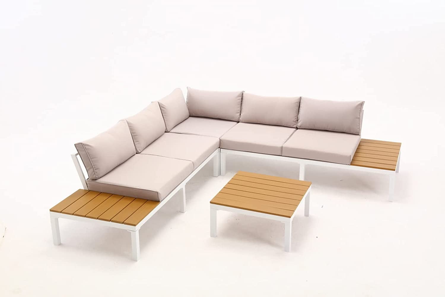 Dextrus 6-Piece Aluminum Patio Furniture Set, Outdoor L-Shaped Sectional Sofa with Side Tables and Cushions (Beige, 93.7 in x 93.7 in) w3q4c