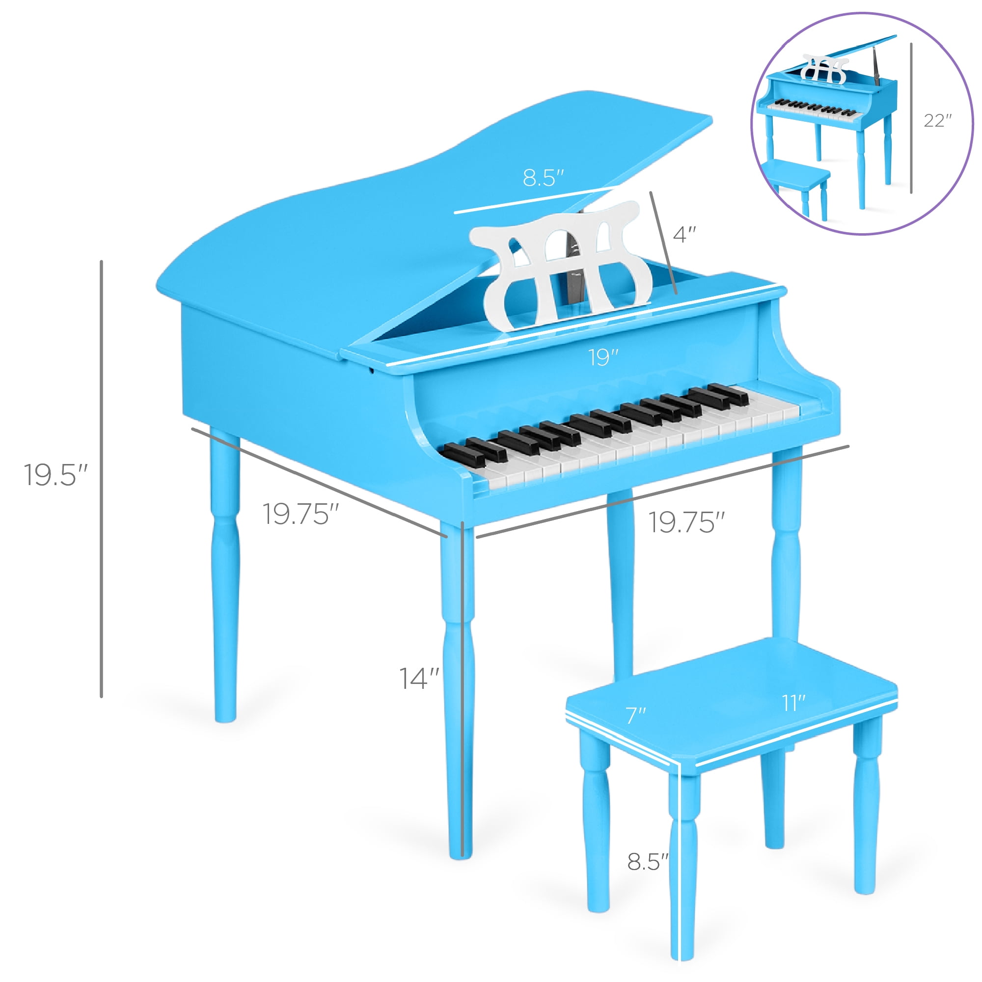 Best Choice Products Kids Classic 30-Key Mini Grand Piano with Bench and Music Accessories (Light Blue, 19.75 in x 19.75 in x 19.5 in) 12etf