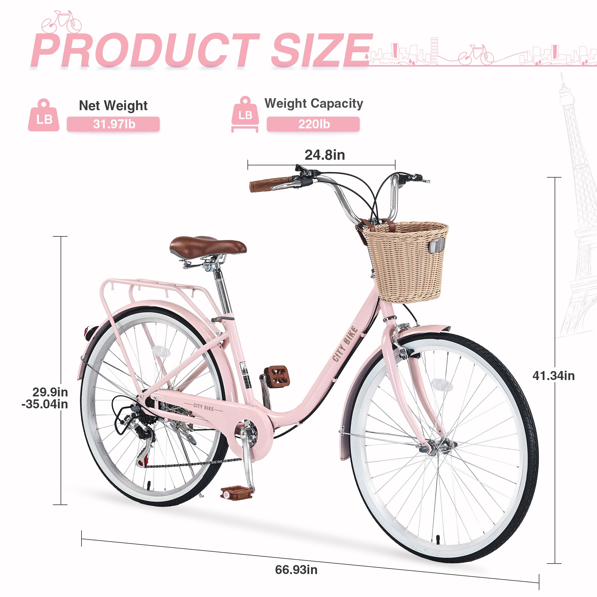Ambifirner Women's Commuter Cruiser Bike, 7-Speed City Bicycle with Shock-Absorbing Tires (Pink, 26 in) gq9wc