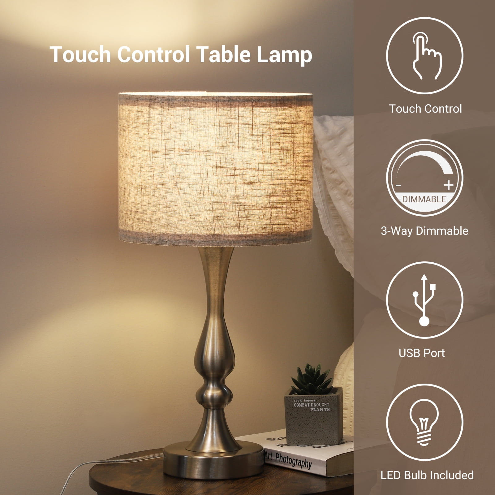 EDISHINE 3-Way Dimmable Table Lamps with USB Charging Ports (Set of 2, 2-Pack) 5fnya