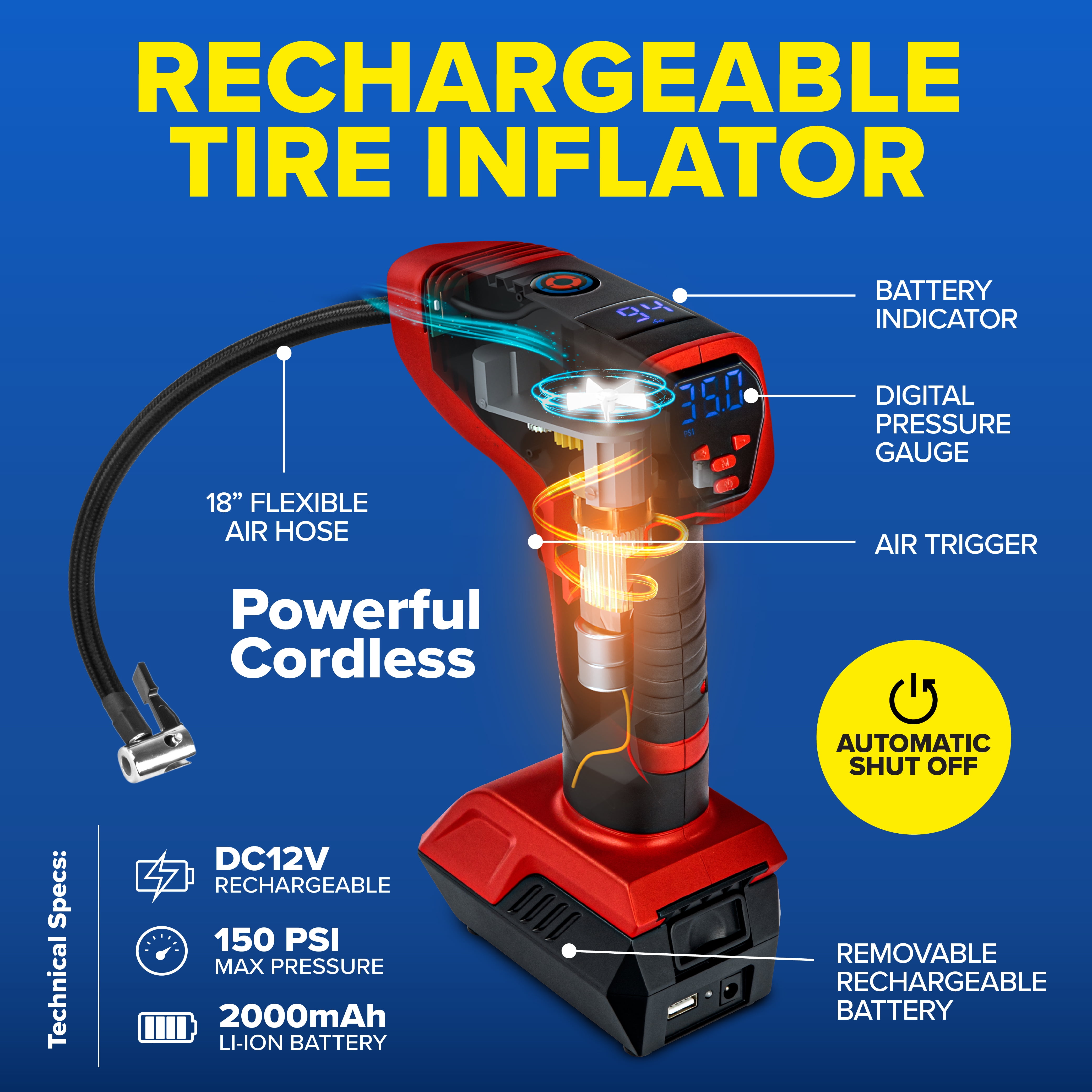Bullseye Pro Portable Tire Inflator 150 PSI Electric Air Compressor (Red, 18 in Hose) c0k35