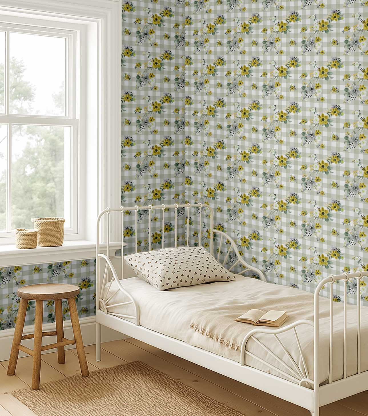 S4Sassy Floral Plaid Wallpaper Self-Adhesive Vinyl Wall Covering (Yellow, 25 in x 120 in) ysau0