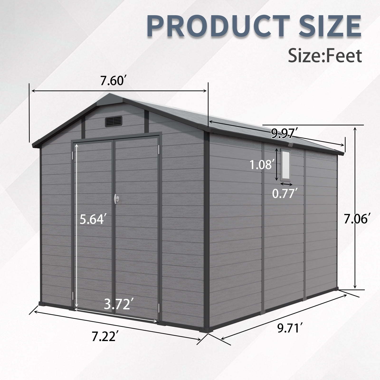 HomeMindful Large Outdoor Storage Shed, Weather-Resistant Resin Tool Shed with Floor, Skylight, and Lockable Double Doors (Dark Gray, 8x10 ft) px7hx