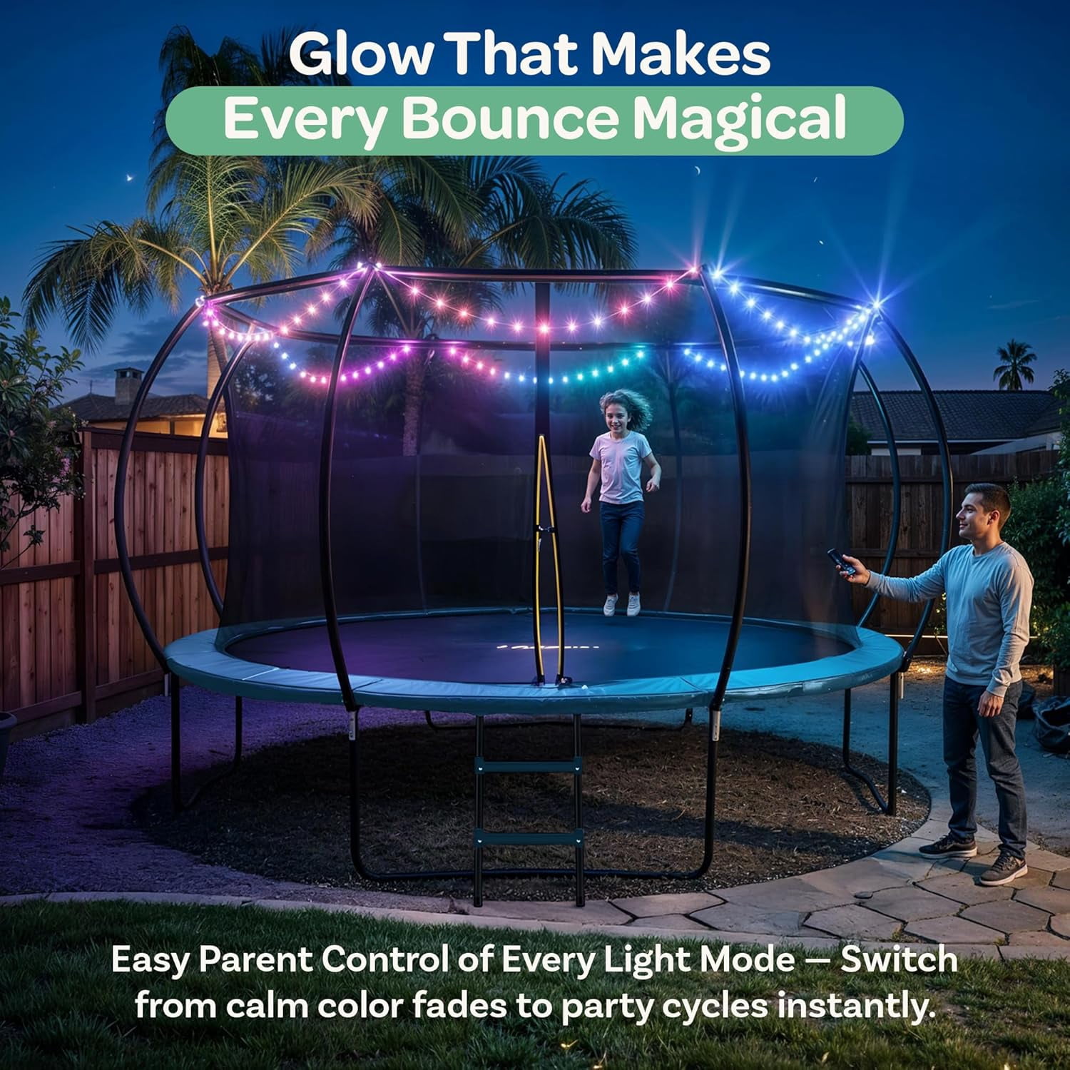 JoyBerri Outdoor Trampoline with Safety Enclosure, Ladder, LED Lights & Sprinkler (Blue, 15 ft) r0idr