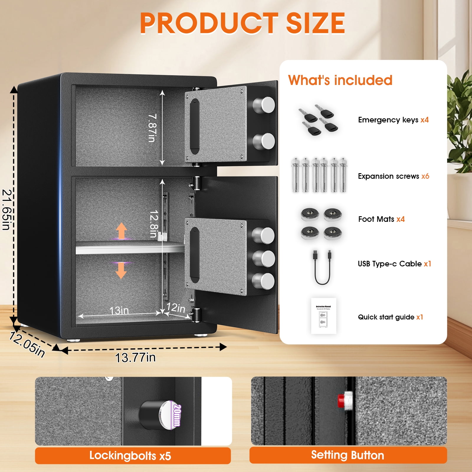 Kavey 4.5 Cu Ft Double Door Security Safe, Digital Keypad Home Safe for Cash and Documents (Black, 4.5 Cu Ft) 0f30g