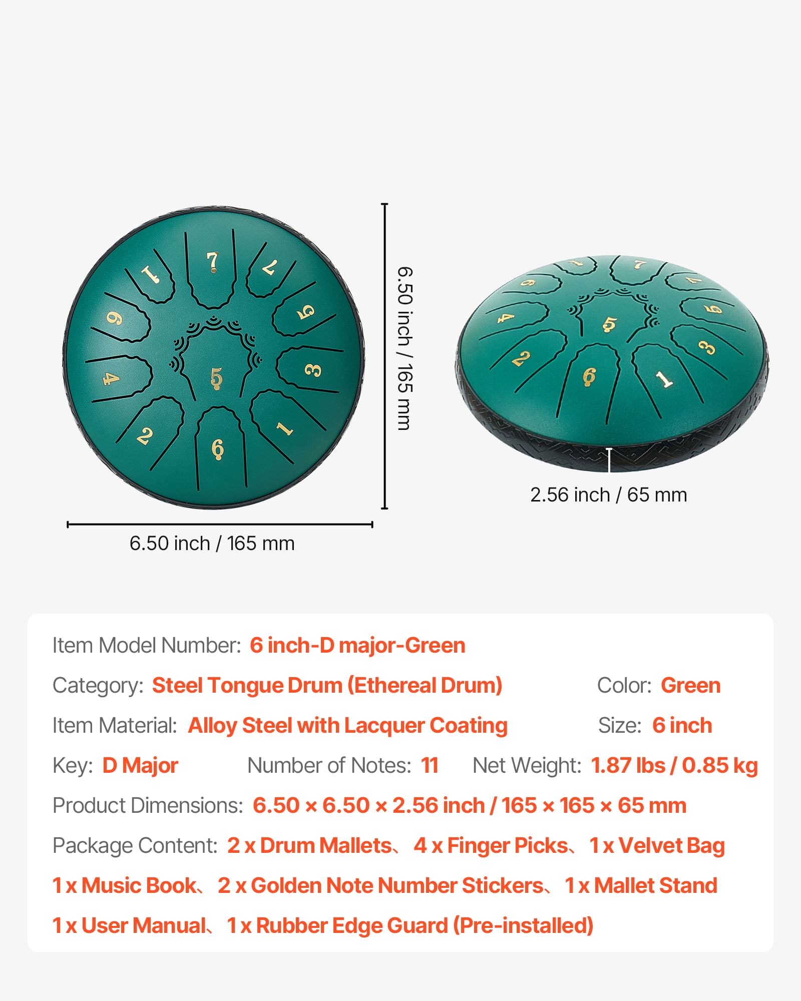 VEVOR Steel Tongue Drum, 11-Note Percussion Instrument for Meditation and Yoga (Green, 6 in) 7d9sf