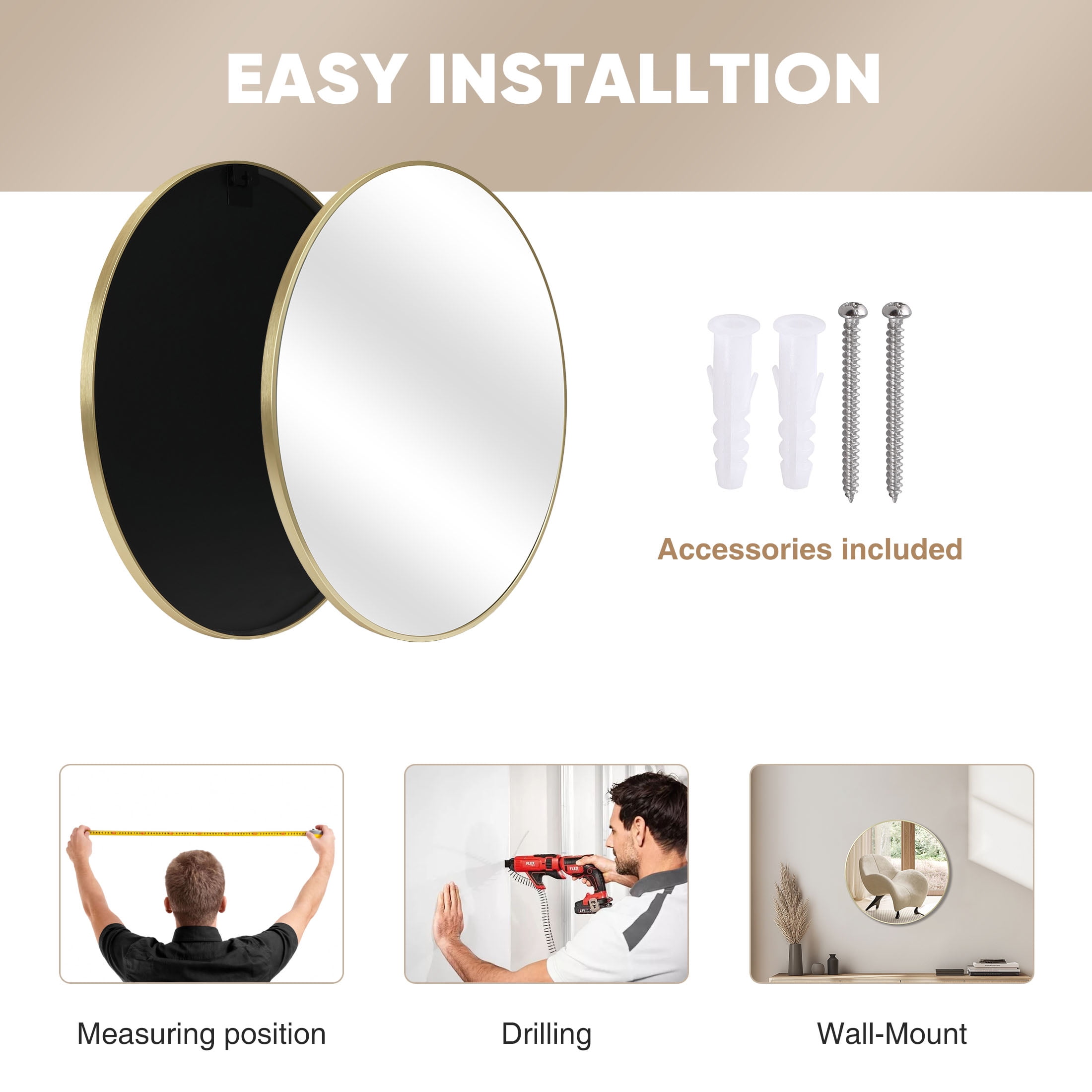EDX 20 in Round Wall Mirror, Modern Aluminum Alloy Frame for Bathroom and Living Room (Gold, 20 in) mntyo