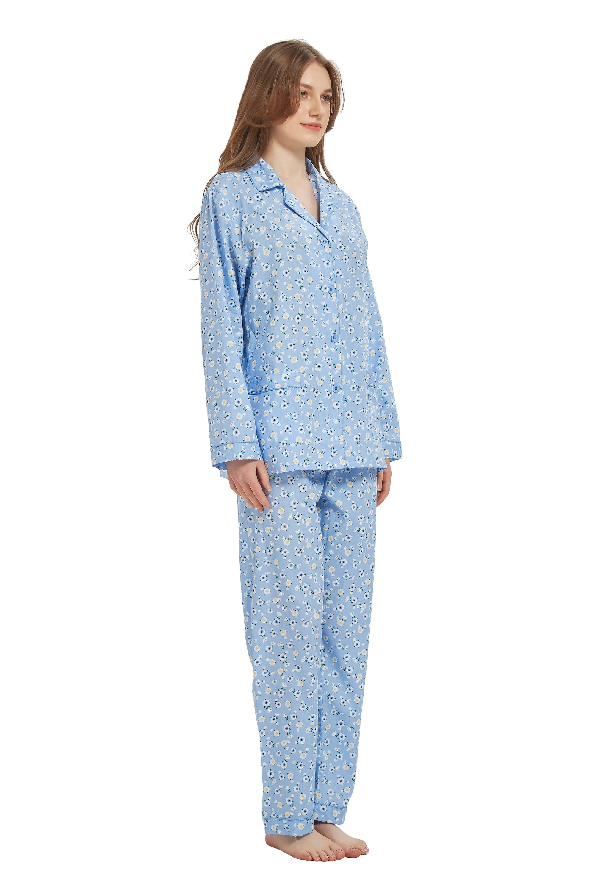 Kolipajam Women's Cotton Pajama Set Long-Sleeve Button Down Sleepwear (Blue, Large) zsfty