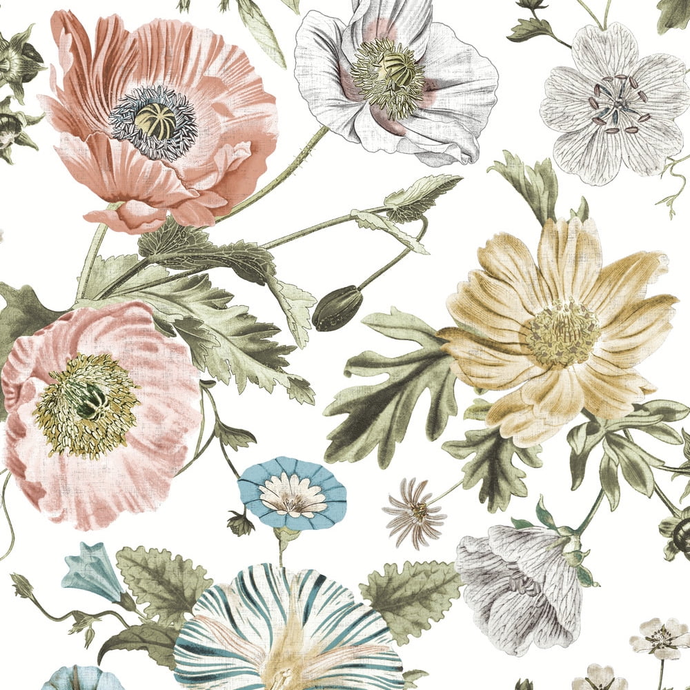 RoomMates Vintage Poppy Peel & Stick Wallpaper Removable Floral Wall Decor (Pink, 30.75 sq ft) loo51