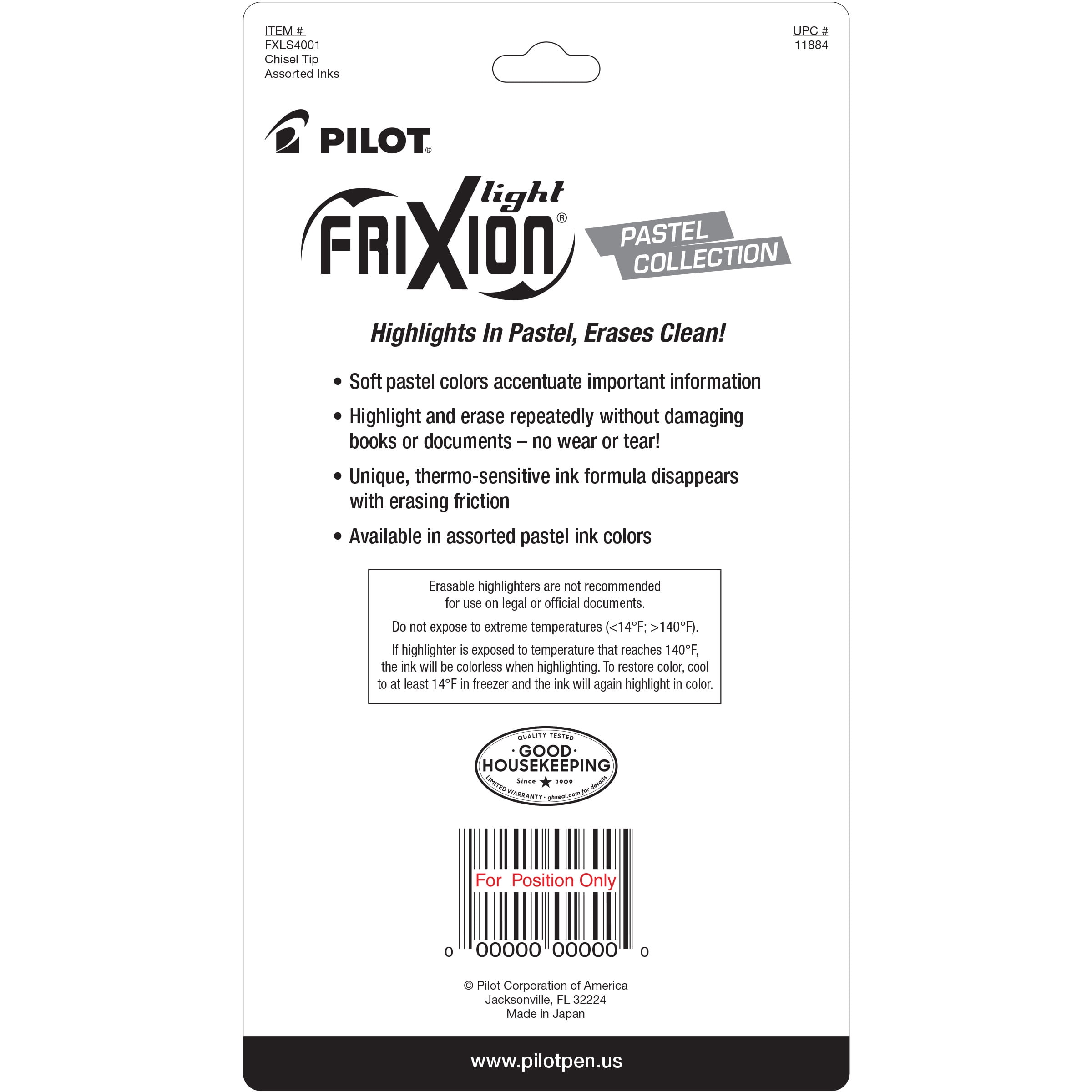 Pilot FriXion Erasable Highlighters, Pastel Chisel Tip Markers (Assorted Colors, 4 Count) p9gfq