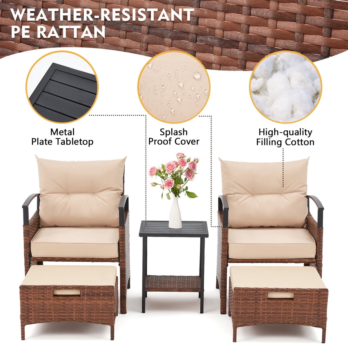 U-HOMY 2-Person Patio Conversation Set with Cushions and Footrests (Beige, 2-Piece) dj4yk