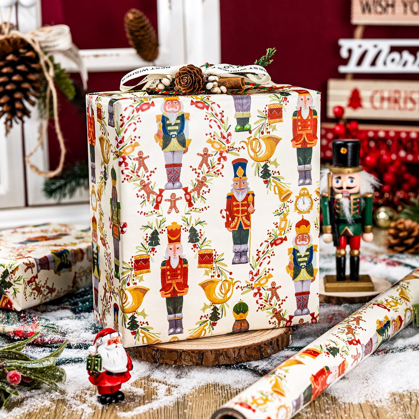 HOMERAL Christmas Wrapping Paper Roll, Nutcracker and Wreath Pattern Gift Wrap (Gold, 17 in x 33 ft) rxeff
