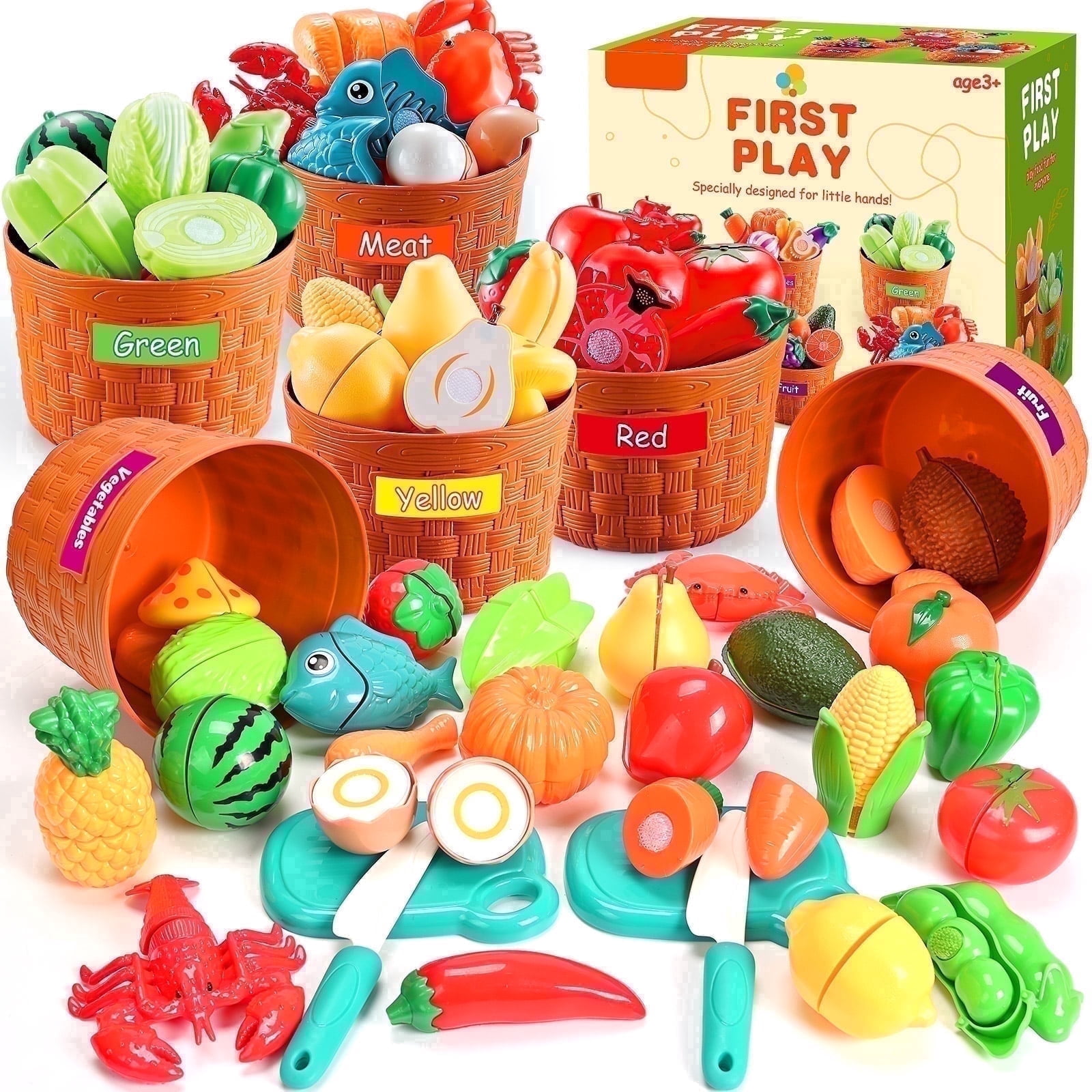 IYHN Pretend Play Food Set for Toddlers, Educational Kitchen Cutting Toys with Sorting Baskets (Multicolor, 86 Piece Set) z38oo