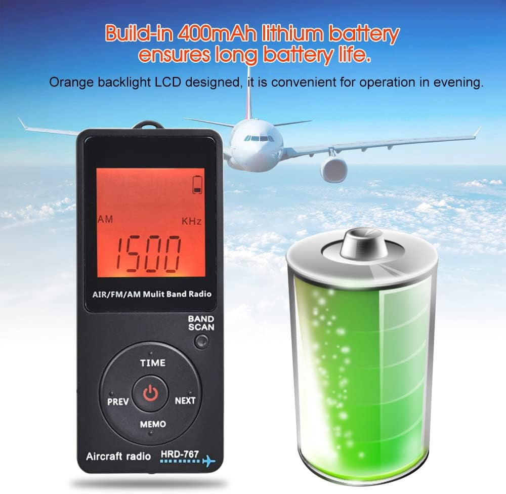 SENLNES Handheld Aviation AM FM Radio Receiver, Portable Aircraft Weather Band with Backlit LCD (Black, 1.09 oz) 958cn