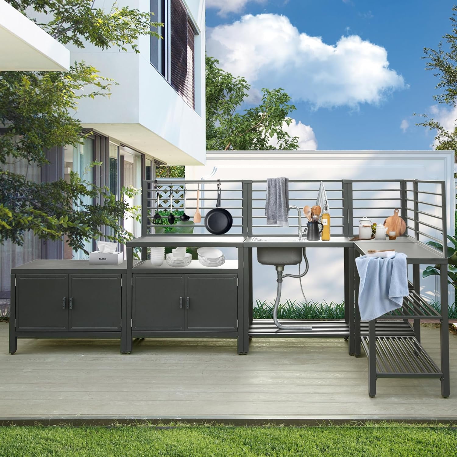 Domi Outdoor Living 5-Piece Modular Outdoor Kitchen Set, Aluminum Storage Islands with Sink and Grill Cabinet (Grey, 5-Piece Set) 4p2rp