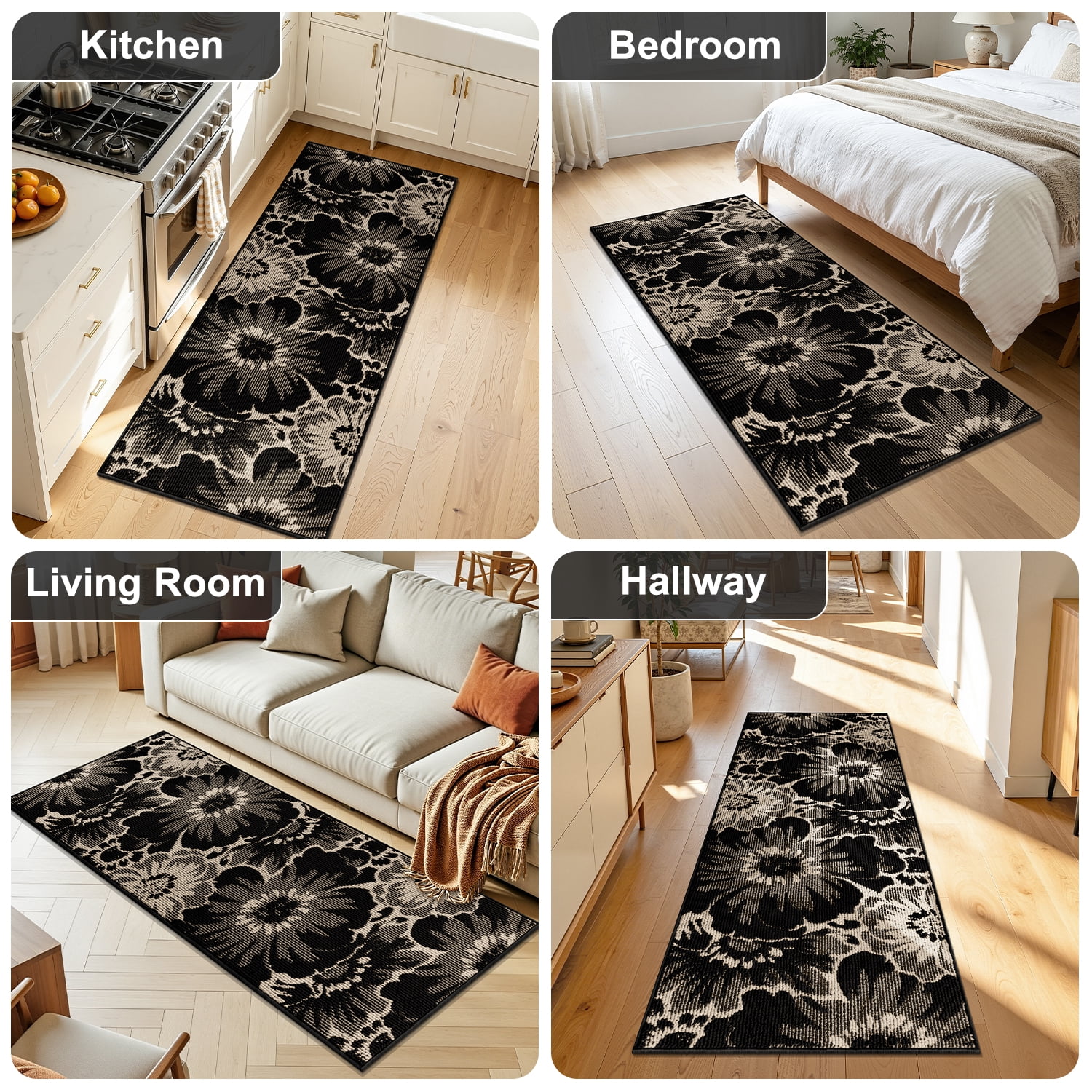 Findosom Non-slip Runner Rug for Hallway, Machine Washable Low Pile Floor Mat with Rubber Backing (Black, 24 in x 60 in) de0b1