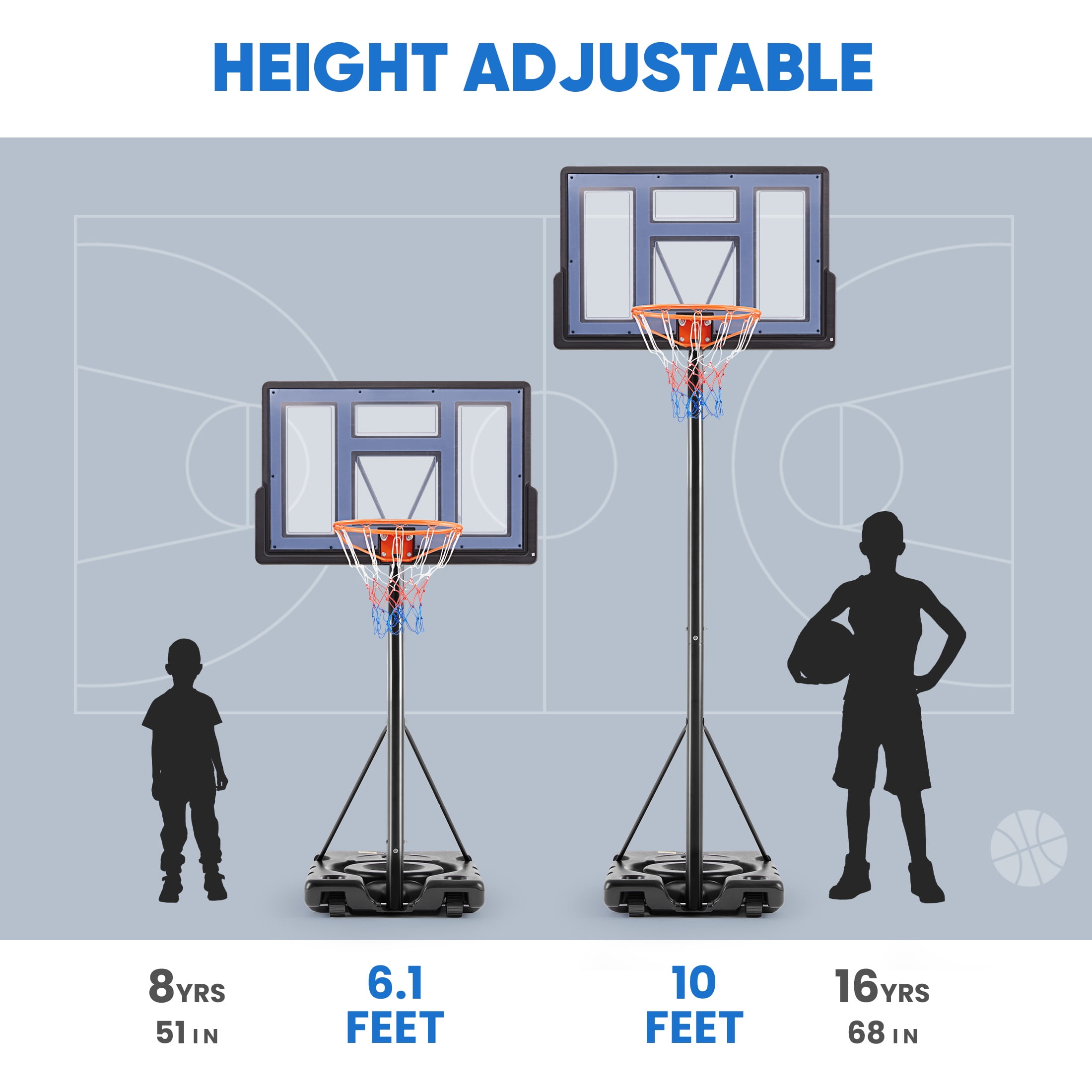 Edx Portable Basketball System, Adjustable Height Outdoor Hoop with 44 in Shatterproof Backboard (Grey, 6.1 ft to 10 ft) tkiy8