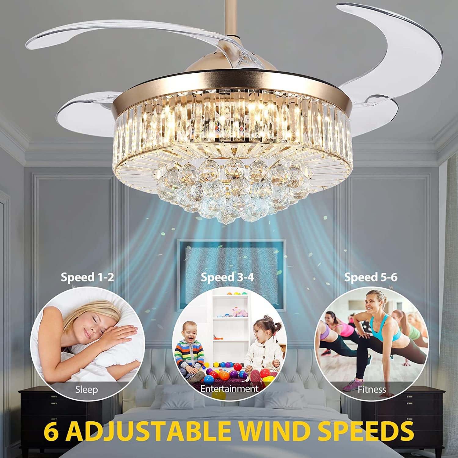 Datingday 42 in Crystal Ceiling Fan Chandelier with Remote (Gold, 42 in) exti6