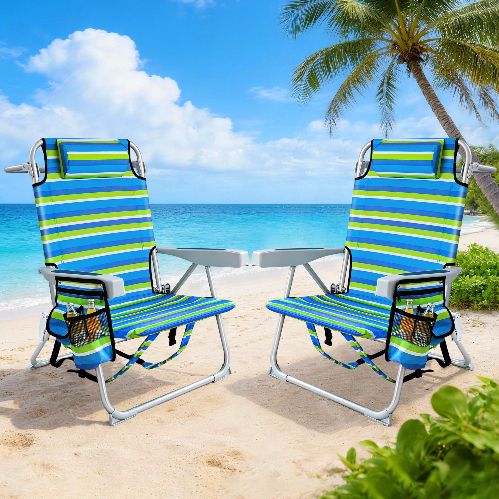 ELFWOLF 5-Position Adjustable Reclining Backpack Beach Chair with Cup Holder and Storage (Blue & Green Stripe, Set of 2) zh5ba