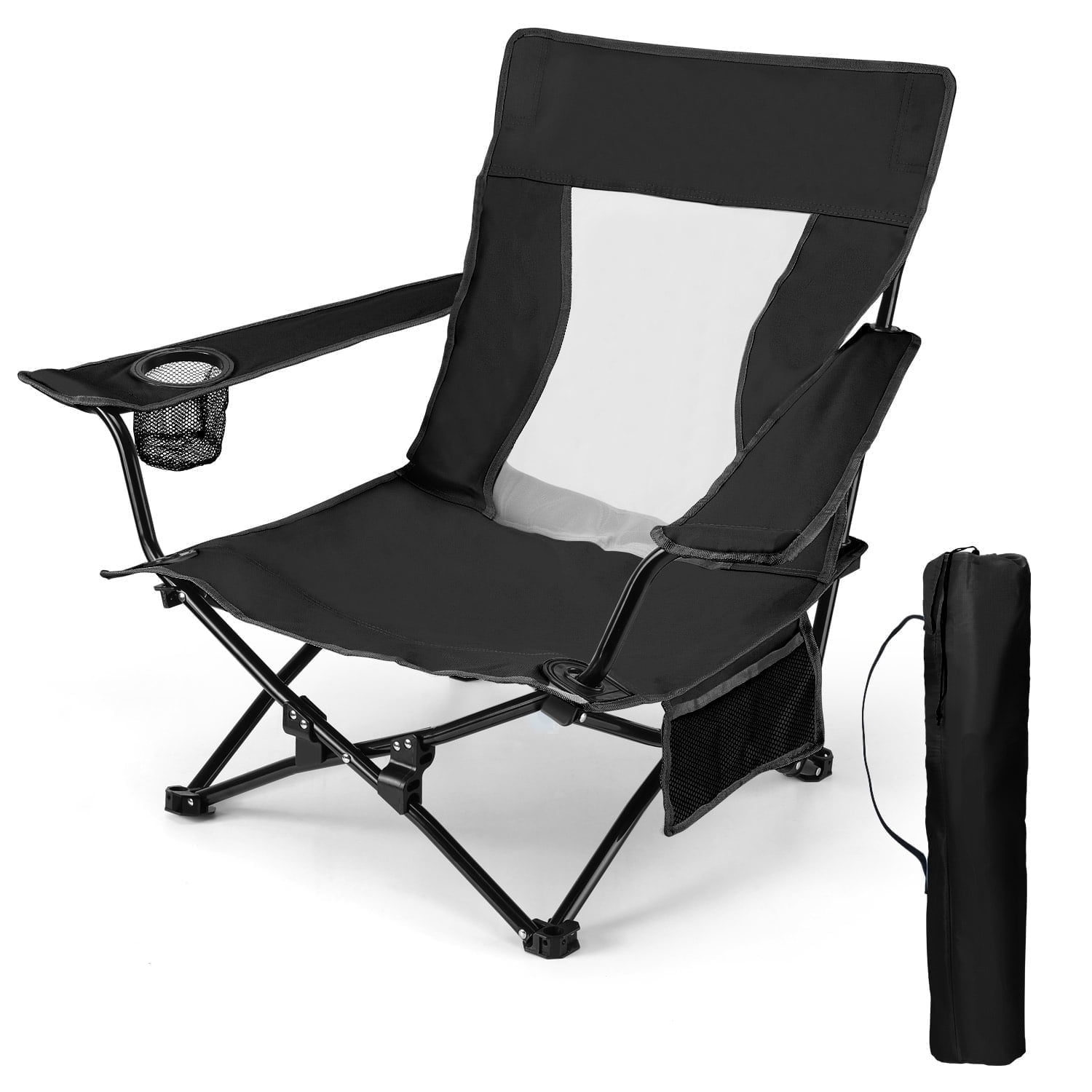 Walchoice Folding Beach Chair for Adults, Heavy Duty Portable Camping Chair with High Back and Cup Holder (Black, 30.7 in Wide) pt18e