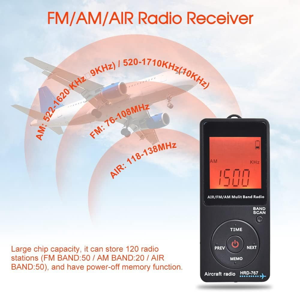SENLNES Handheld Aviation AM FM Radio Receiver, Portable Aircraft Weather Band with Backlit LCD (Black, 1.09 oz) 958cn