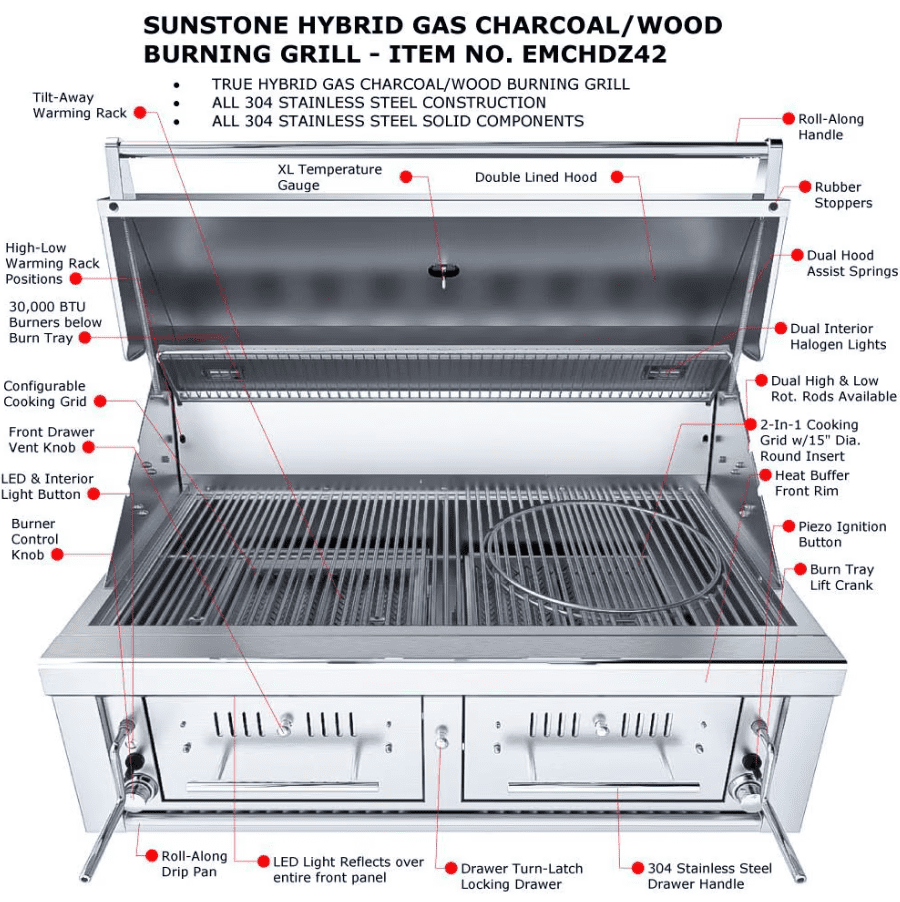 Sunstone Series 42 Inch Hybrid Dual Zone Natural Gas Charcoal and Wood Burning Grill (Stainless Steel, 42 in) ebwlp