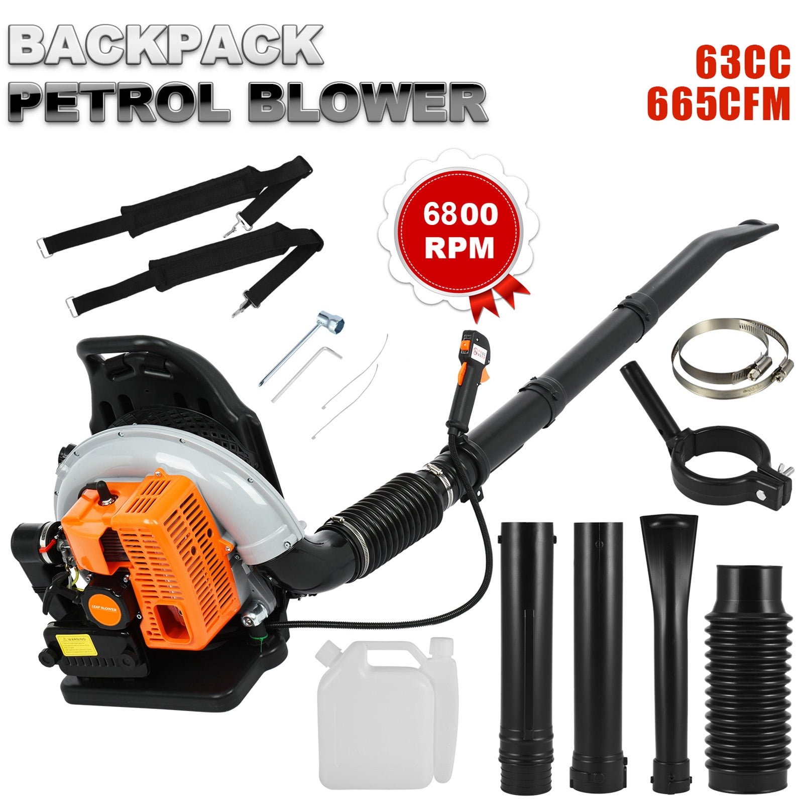 JNXYL EB650 63CC Gas Backpack Leaf Blower, Commercial Grade 2-Stroke Engine, 665 CFM High-Velocity Airflow (Orange, 63CC) wl5aw